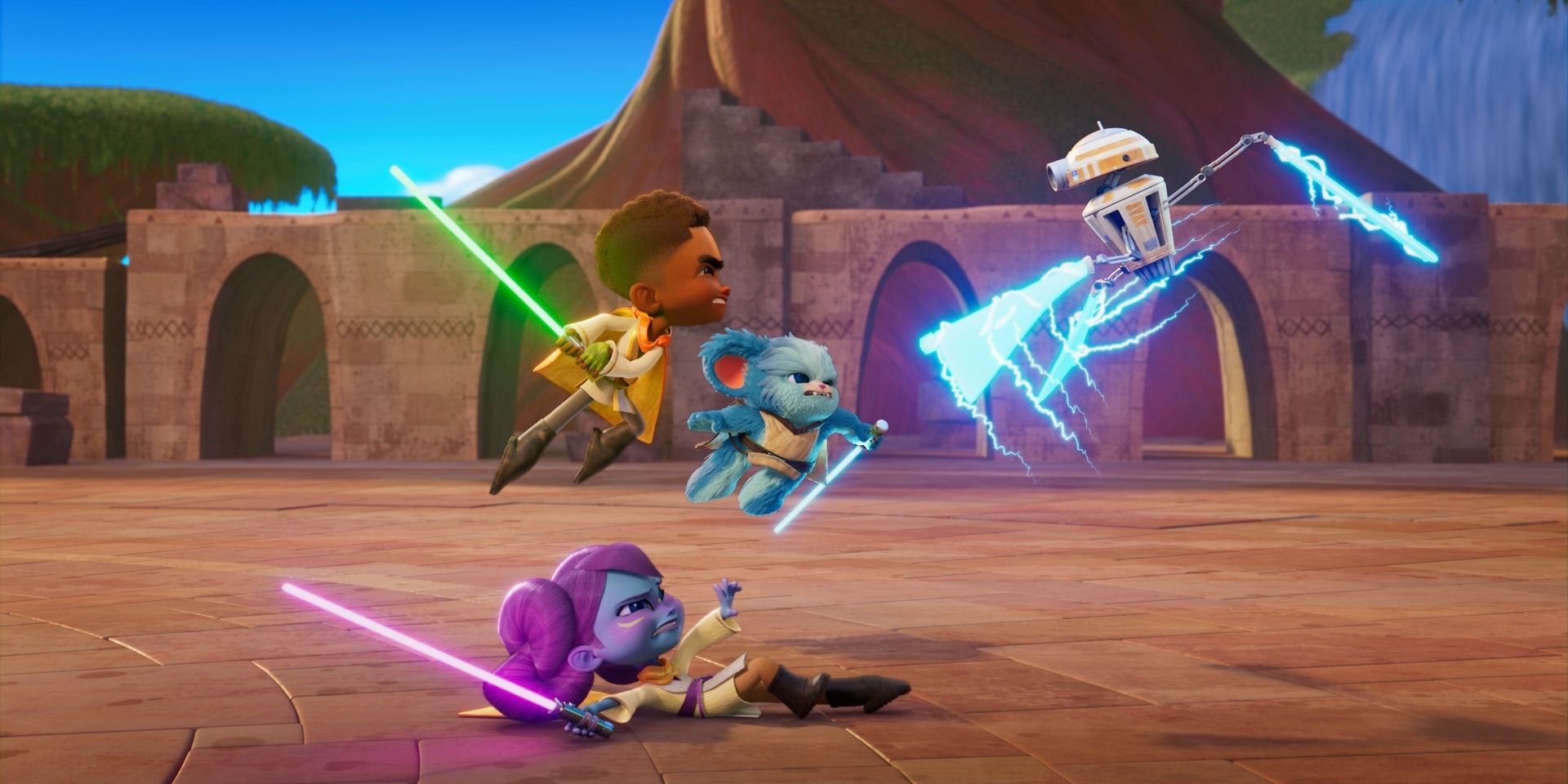 Kai Brightstar, Lys Solay, and Nubs fighting a droid in Star Wars Young Jedi Adventures.
