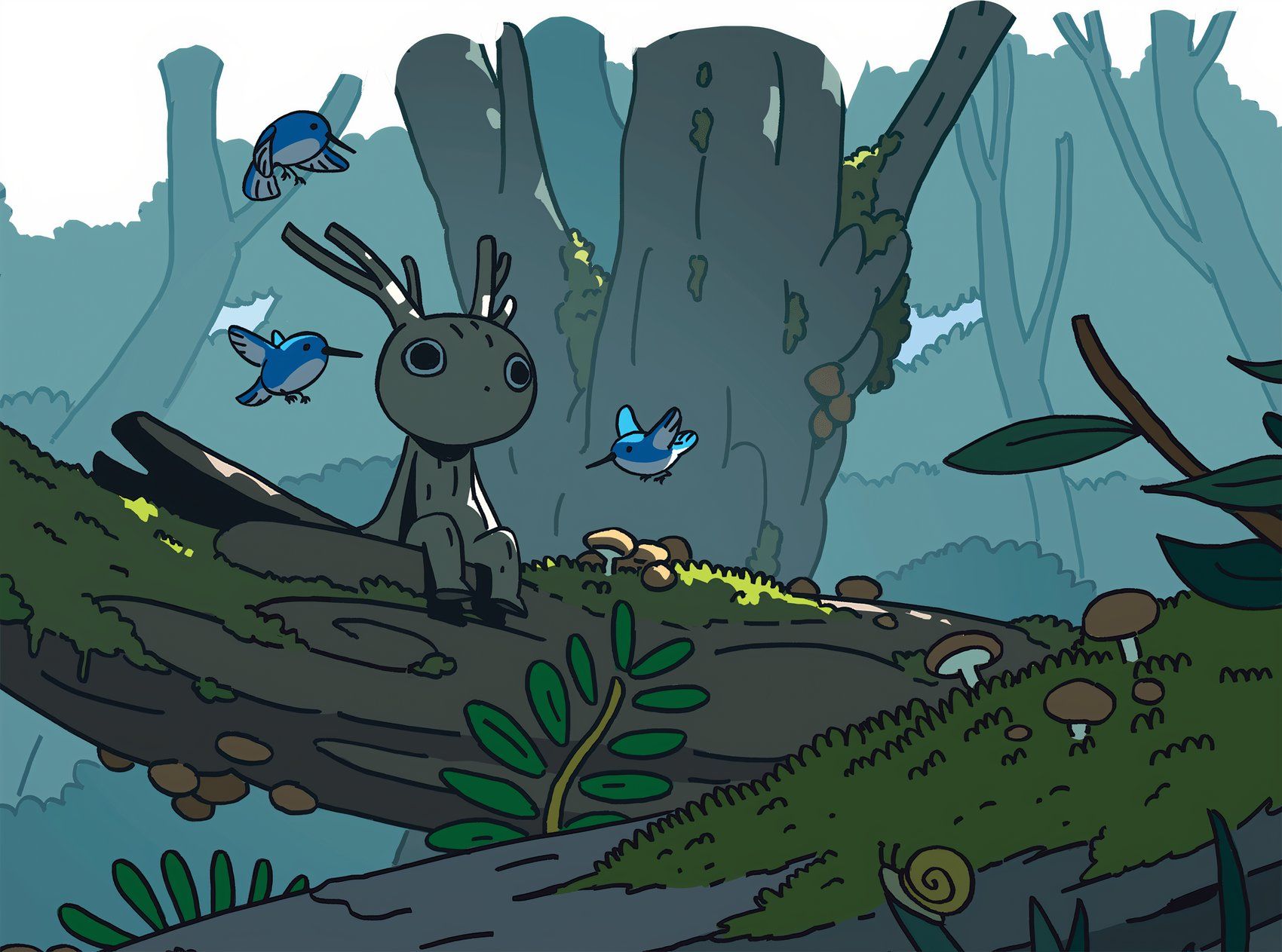 A woodlen spirit sitiing on a log in the forest from the DND supplement Obojima Tales from the Tall Grass.