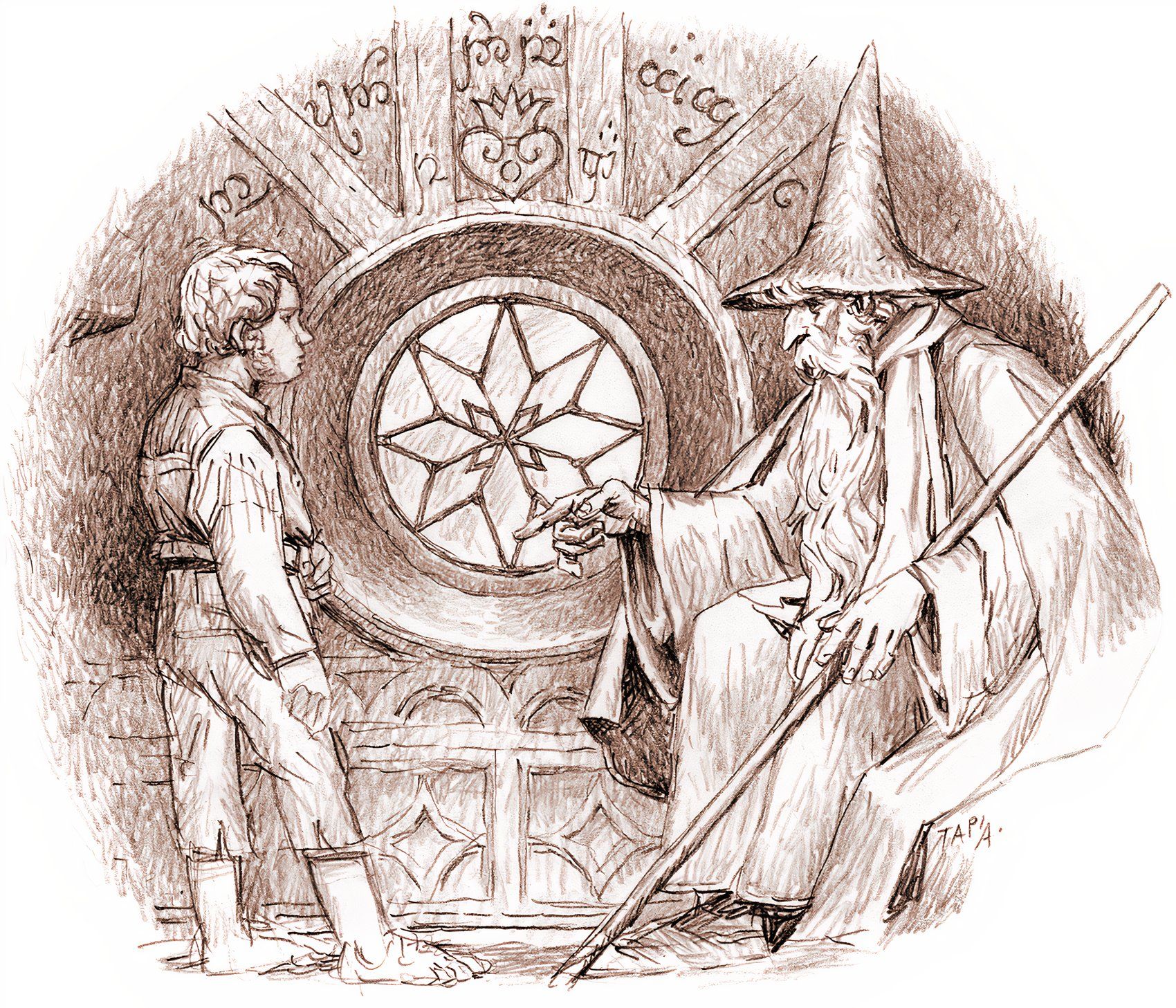 A wizard and hobbit having a discussion from the Lord of the Rings Roleplaying DND adventure.