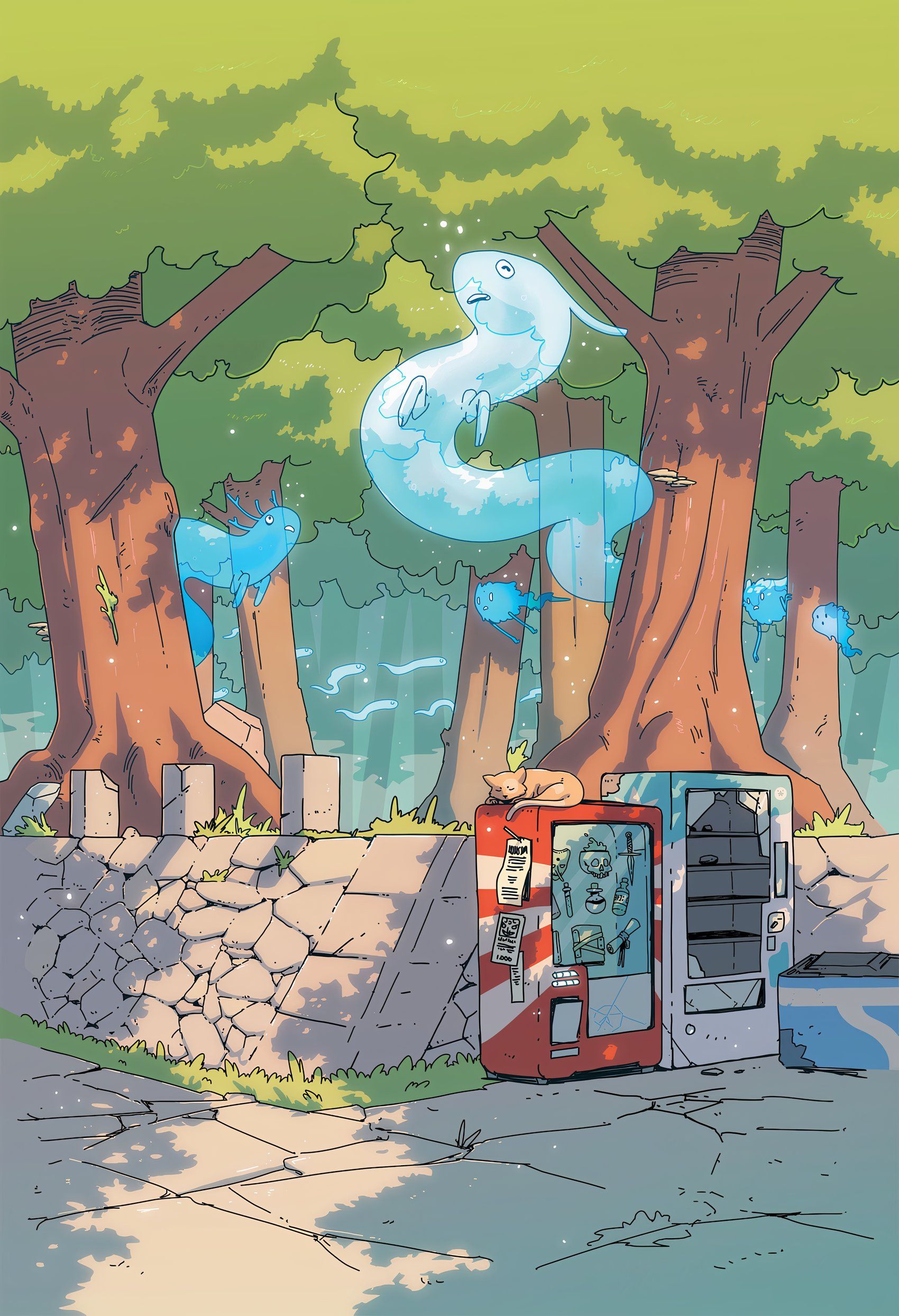 A vending machine in the forest with spirits sliding through the trees from Obojima Tales from the Tall Grass in DND.