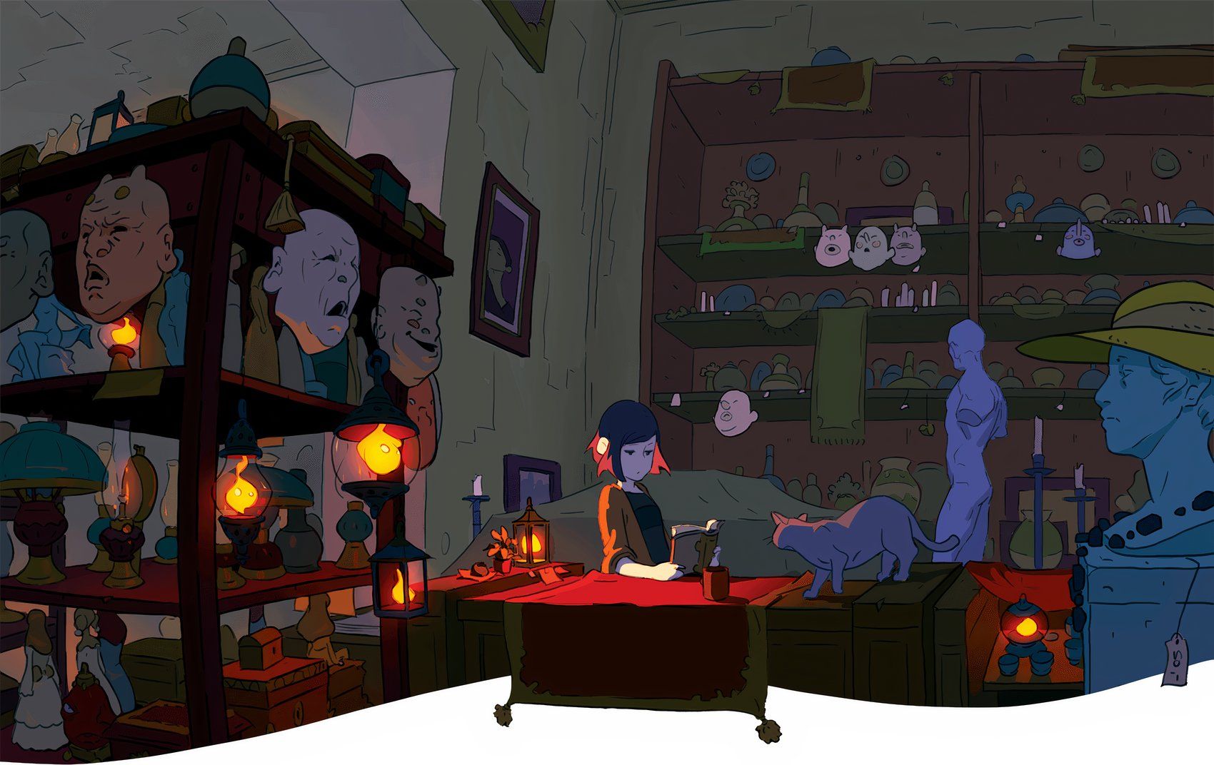 A character sits and reads a book behind the counter at a Magic Items Shop from the DND module Obojima: Adventures from the Tall Grass.