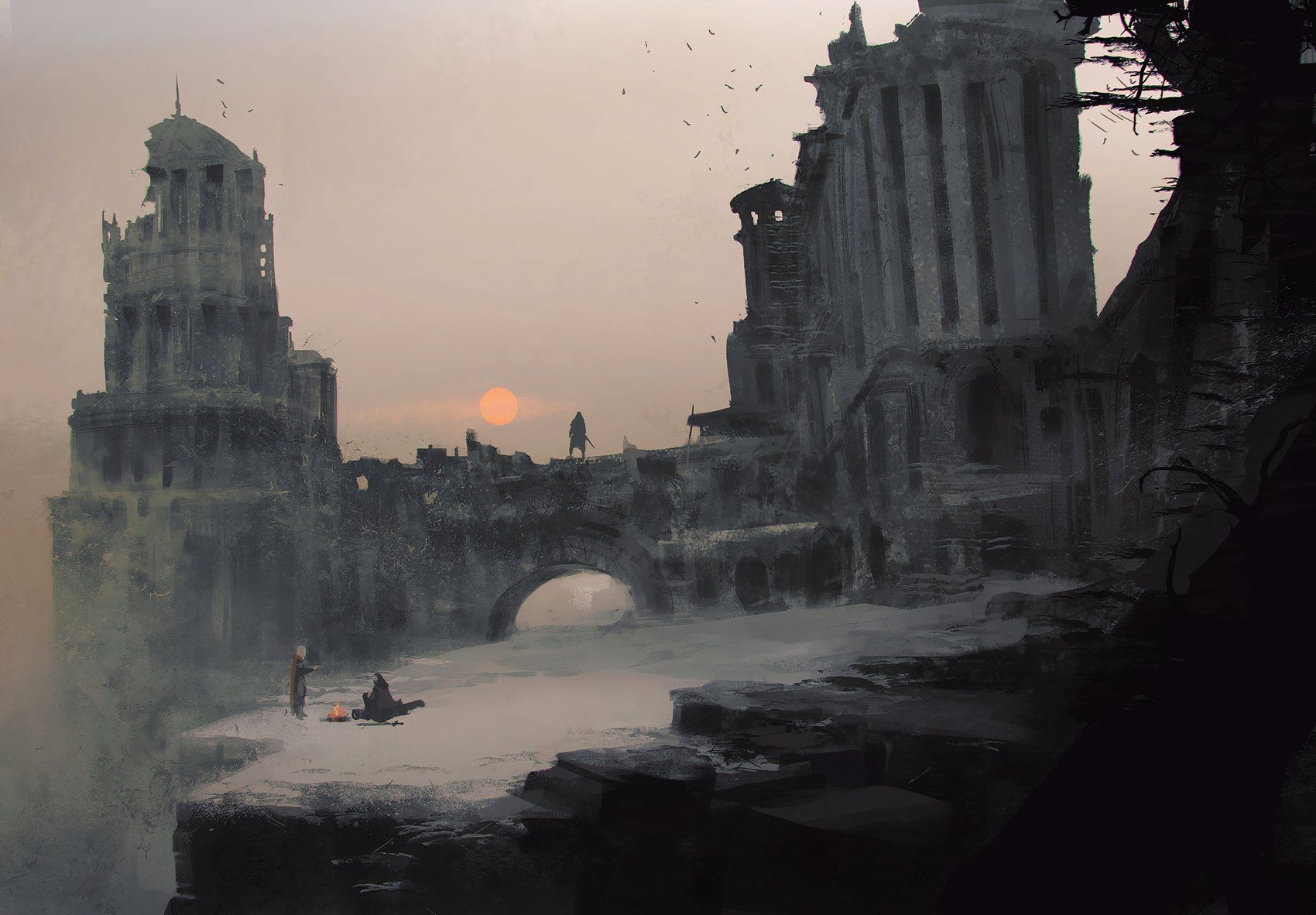 An image of the Shadow, from Lord of the Rings Roleplaying Dungeons & Dragons with a dark and dreary area where adventure restaround a campfire from a decrepit surrounding in DND.