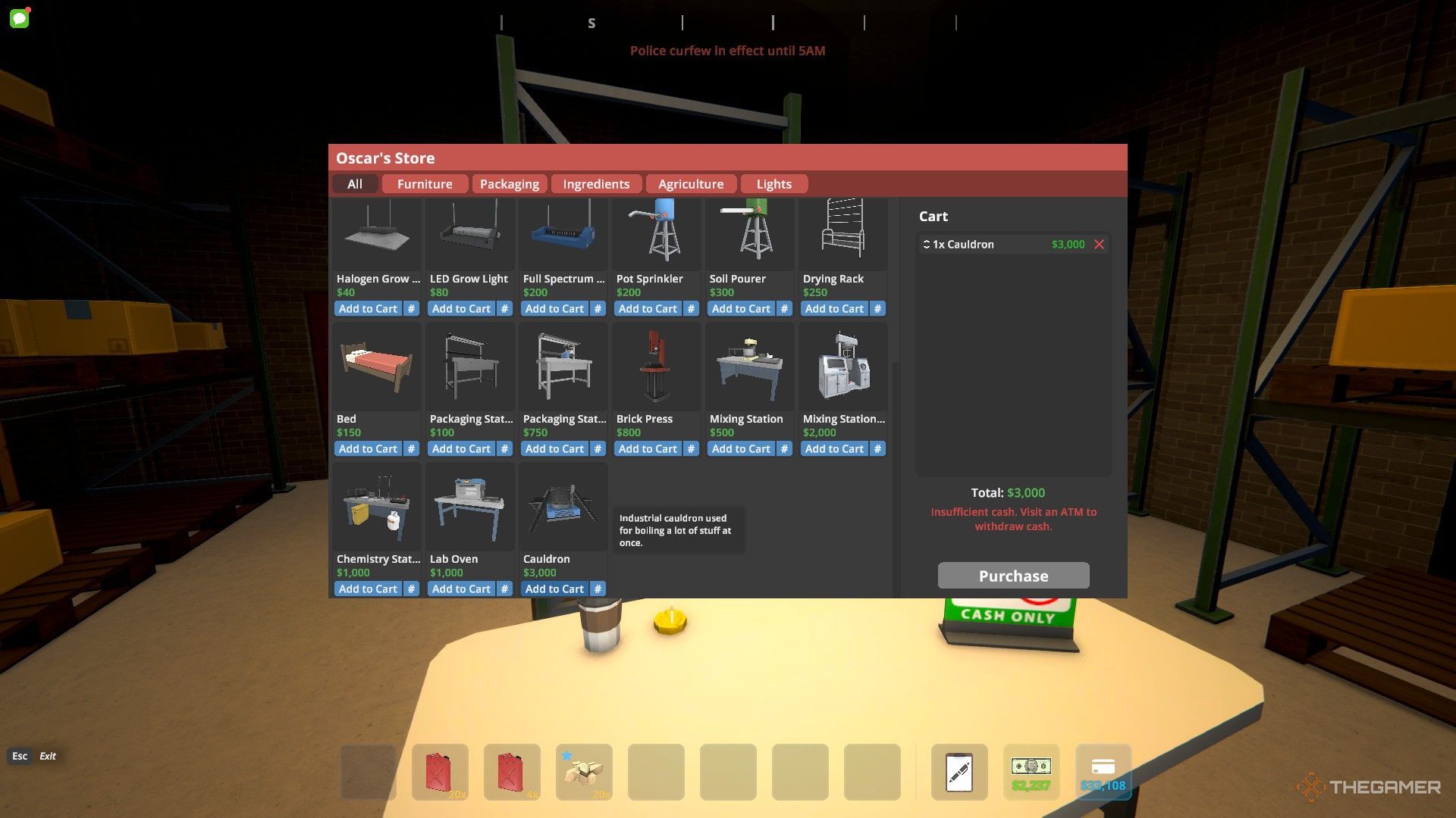 Purchasing the cauldron from Oscar in Schedule 1.