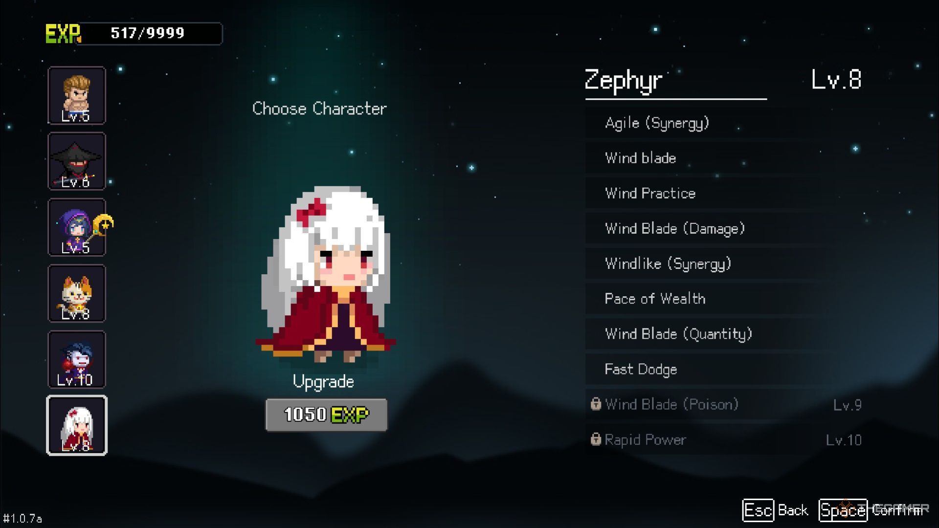A fully unlocked character roster in I Am Legion: Stand Survivors, with the zephyr selected. 