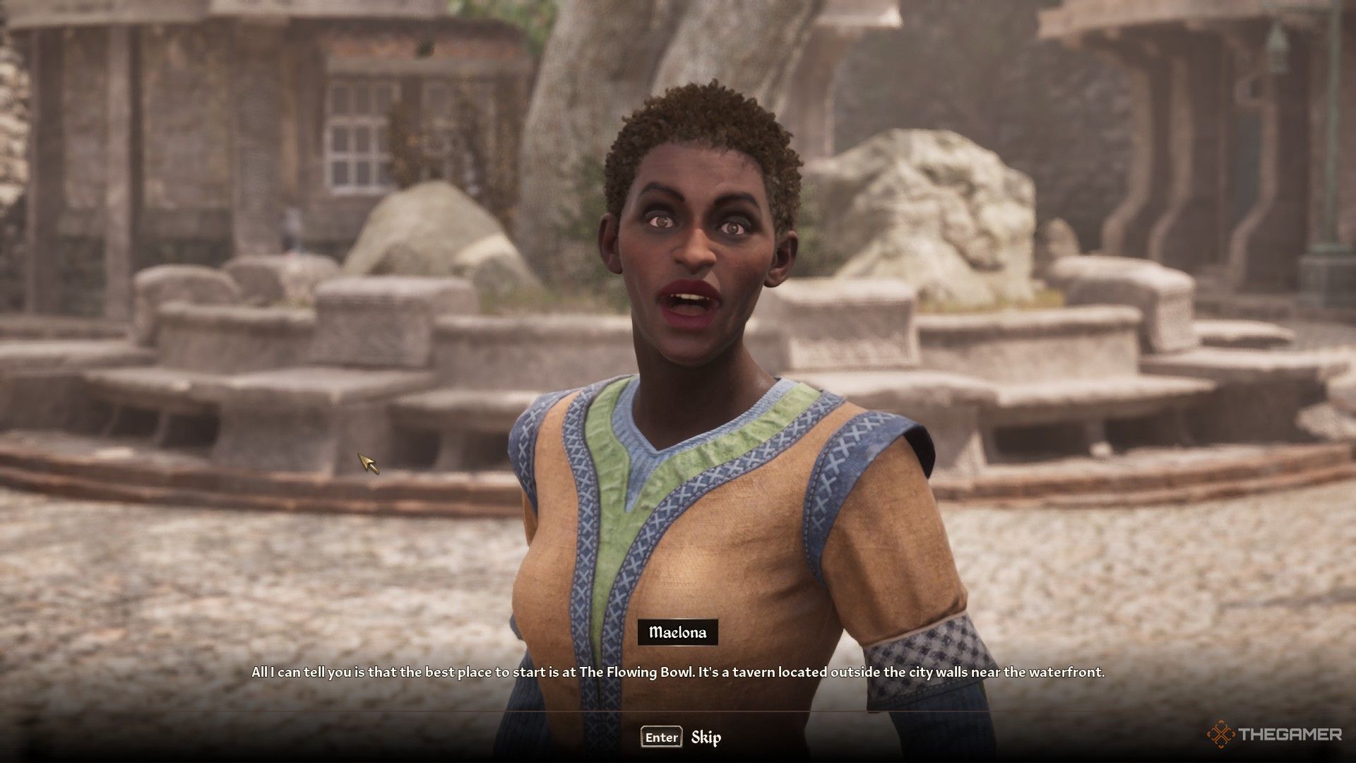 Maelona asking the player to check the Flowing Bowl Inn in Oblivion Remastered.
