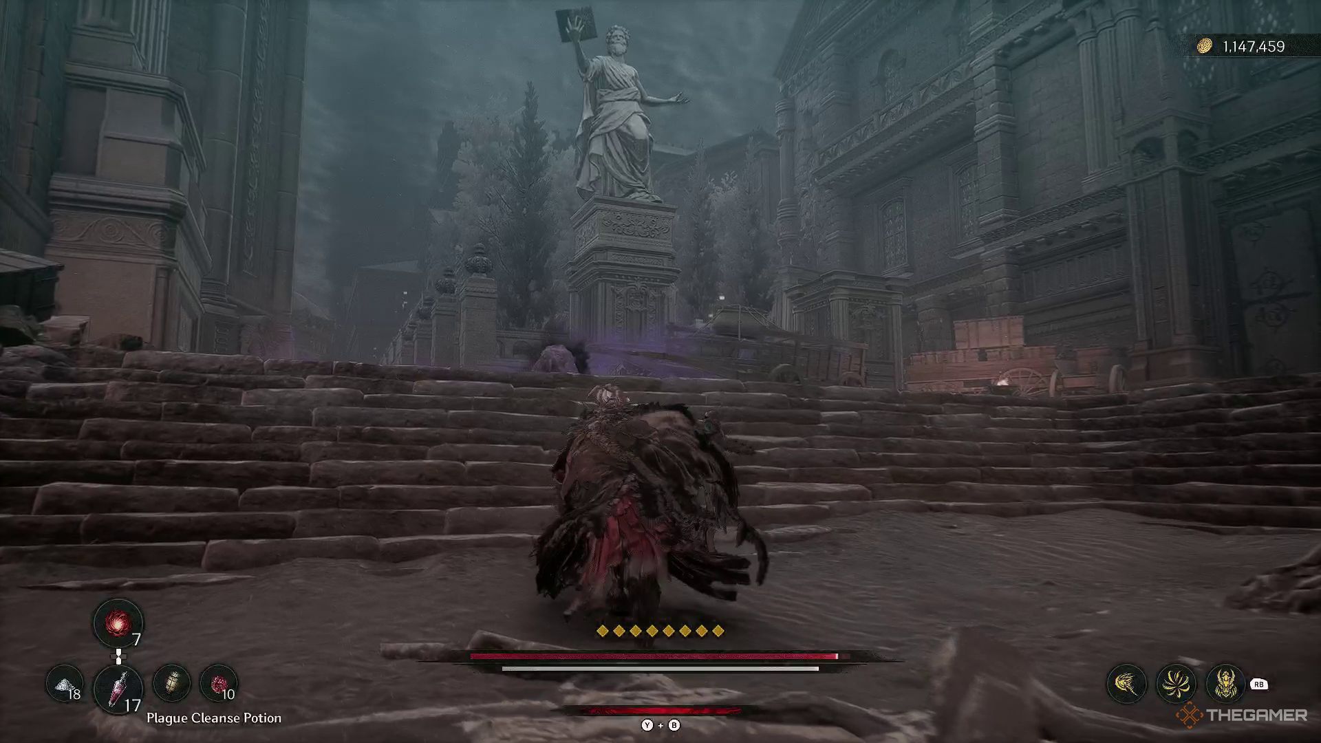 Statue with a book in hand in The First Berserker: Khazan.