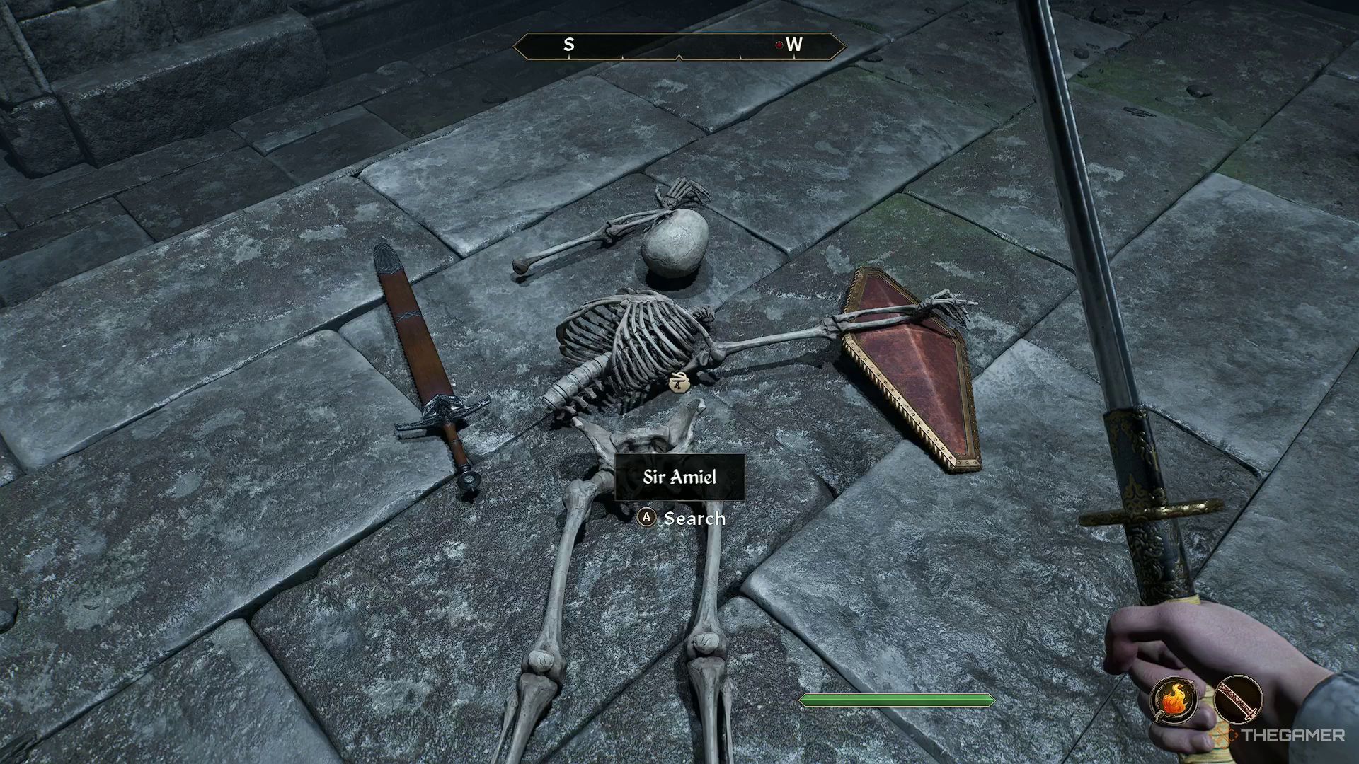 Sir Amiel's skeleton in the Shrine of the Crusader in Oblivion Remastered.