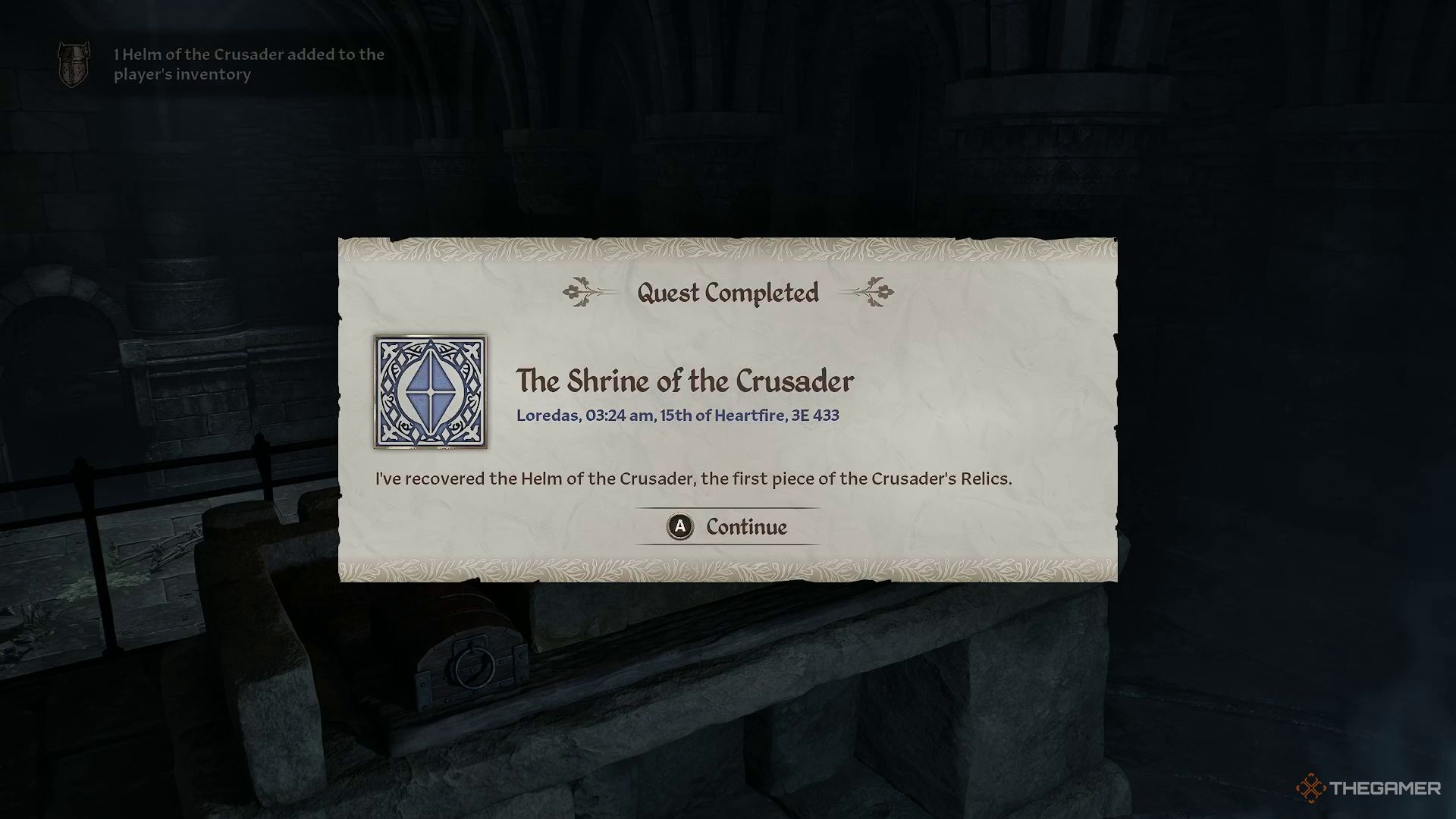 Completing the Shrine of the Crusader quest in Oblivion Remastered.