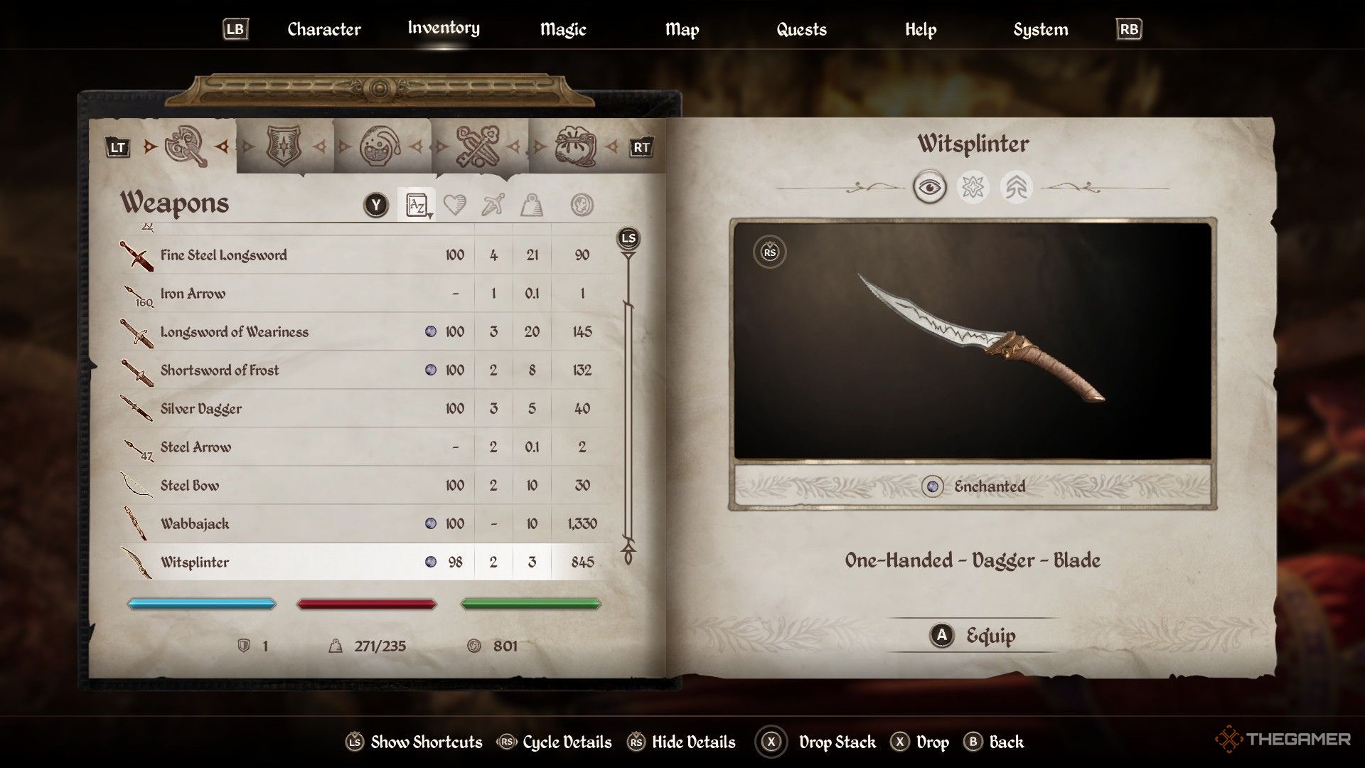 Witsplinter in the player's inventory in Oblivion Remastered.