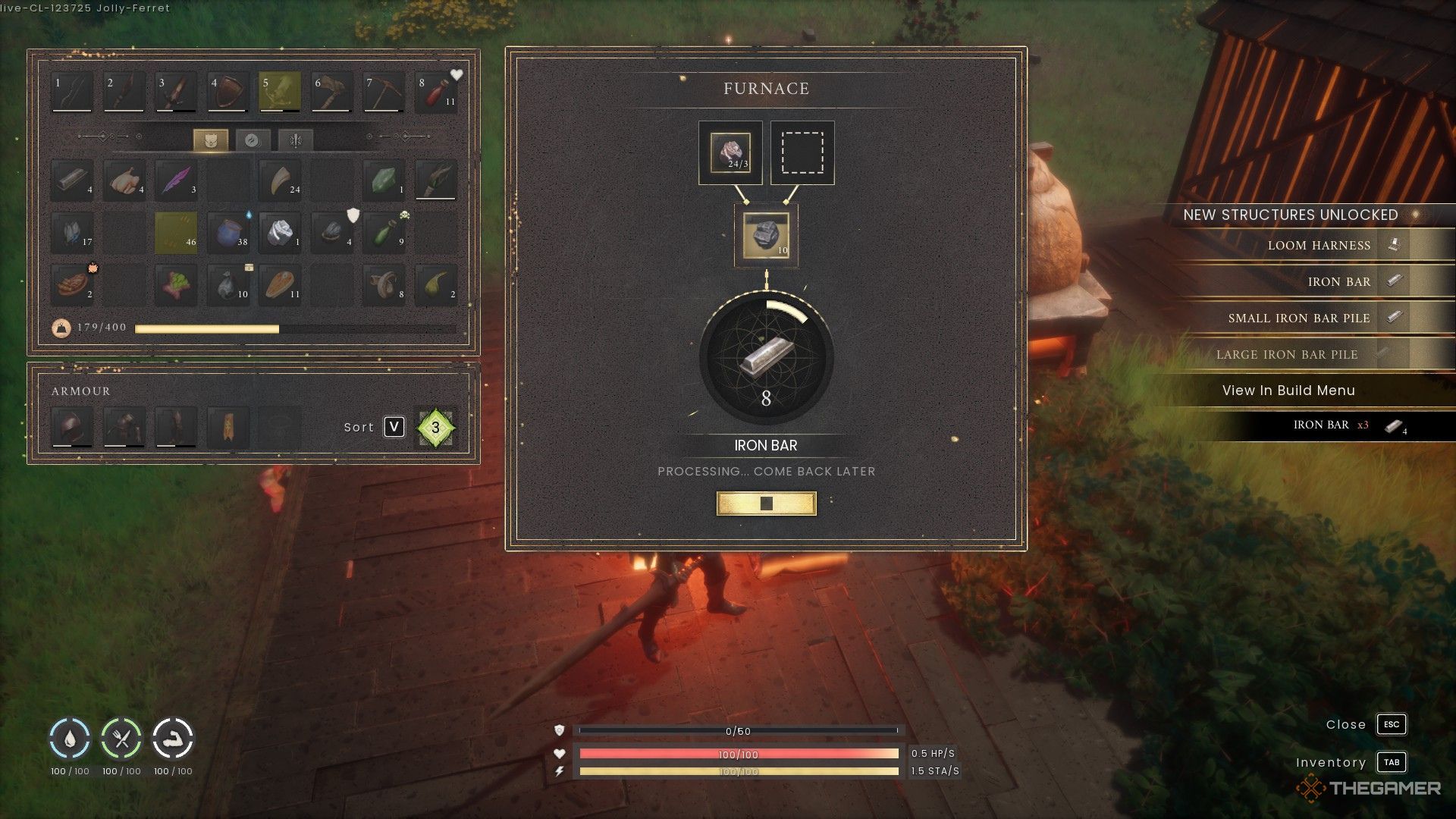 Crafting an iron bar using a furnace in Runescape: Dragonwilds.