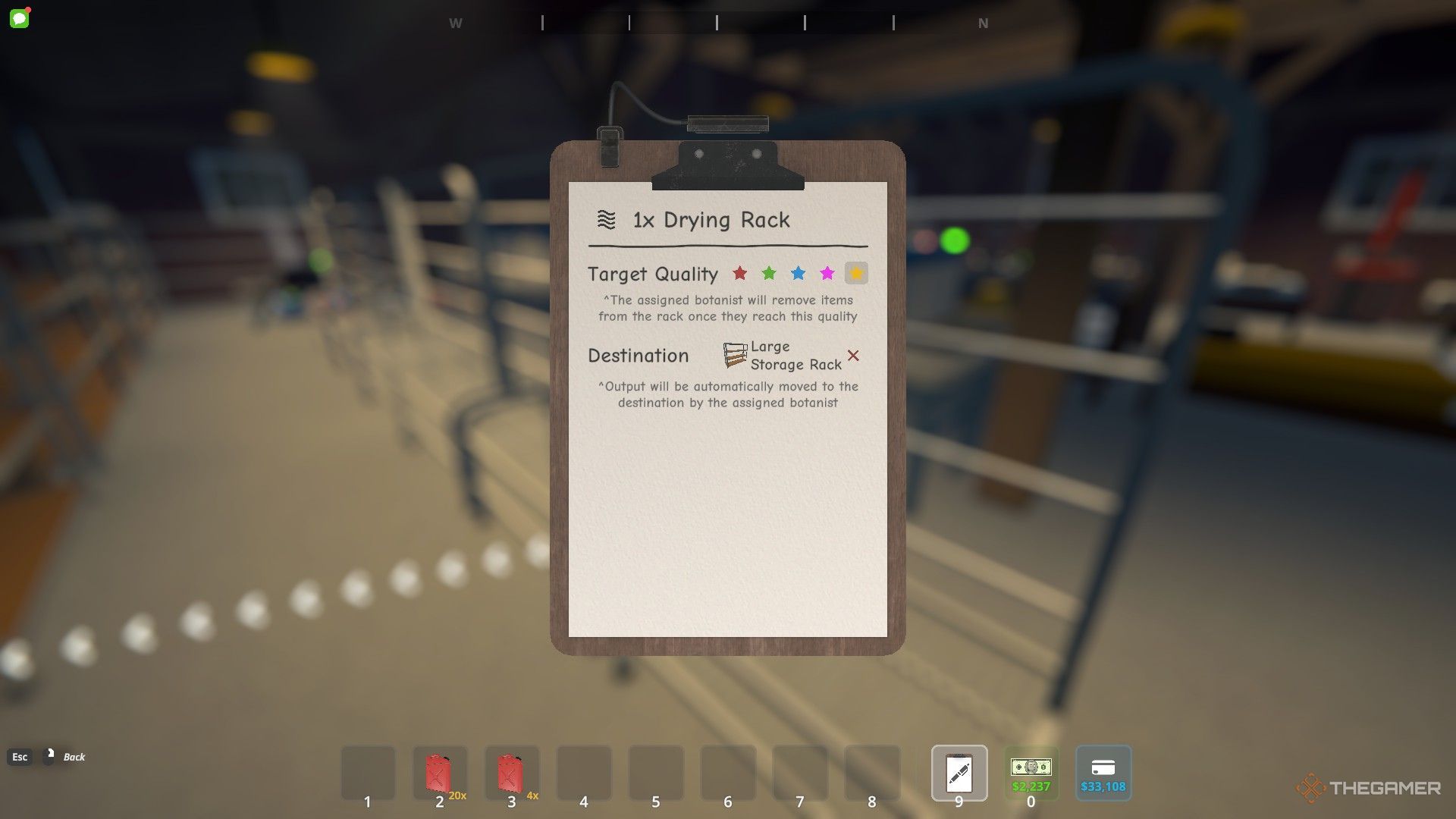 Drying rack's clipboard menu in Schedule 1.