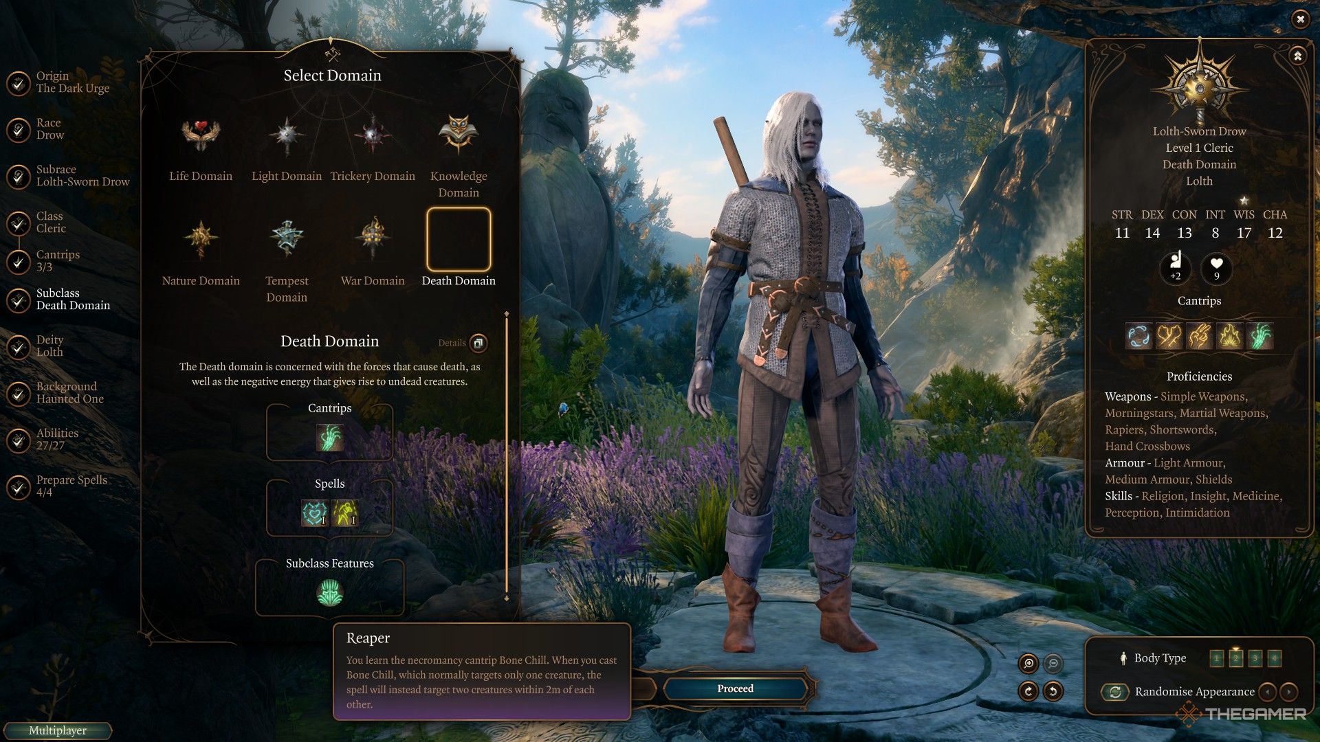 Death Domain cleric inspects the Reaper feature in Baldur's Gate 3.