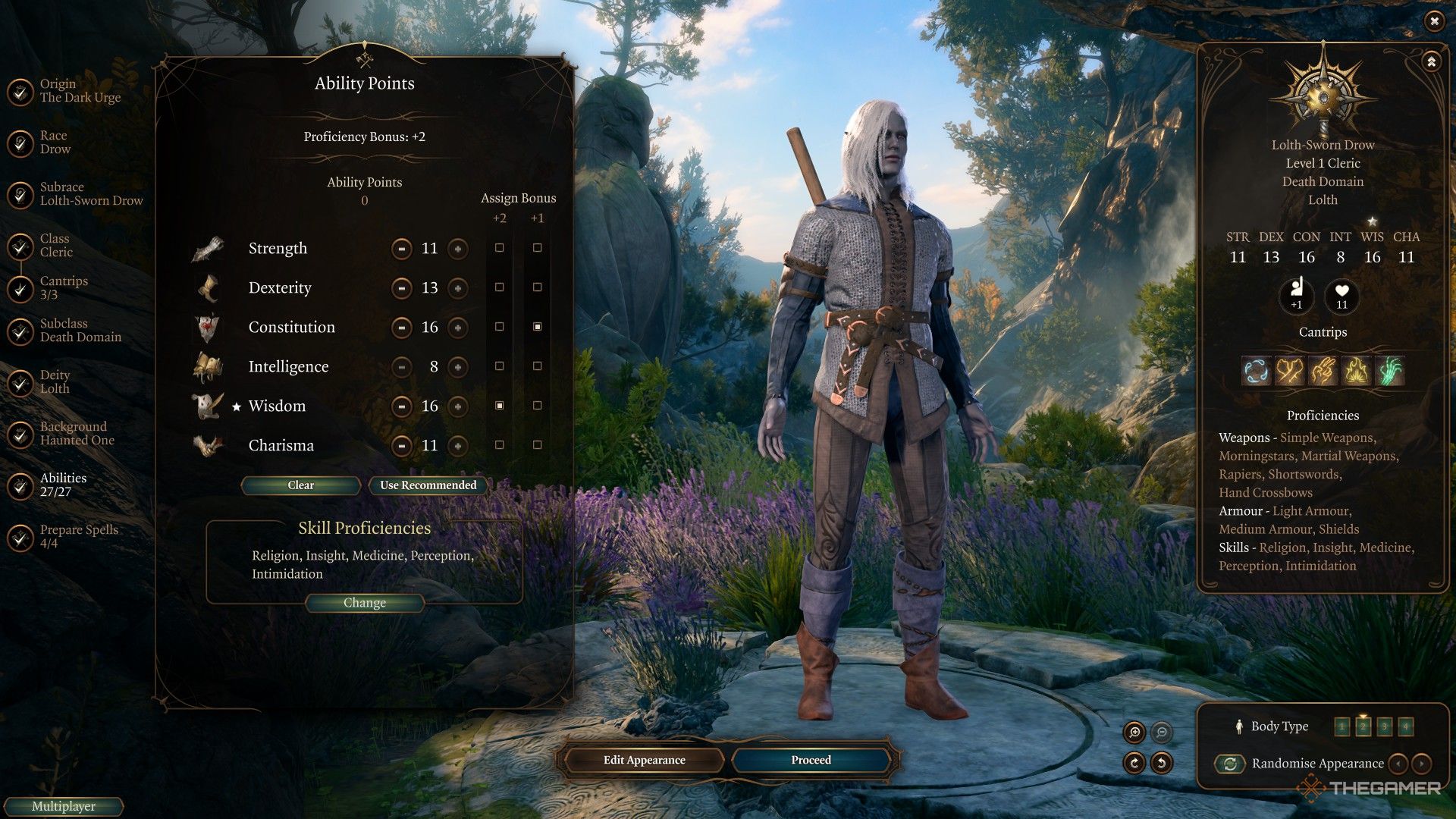 Death Domain cleric chooses their starting skills in Baldur's Gate 3.