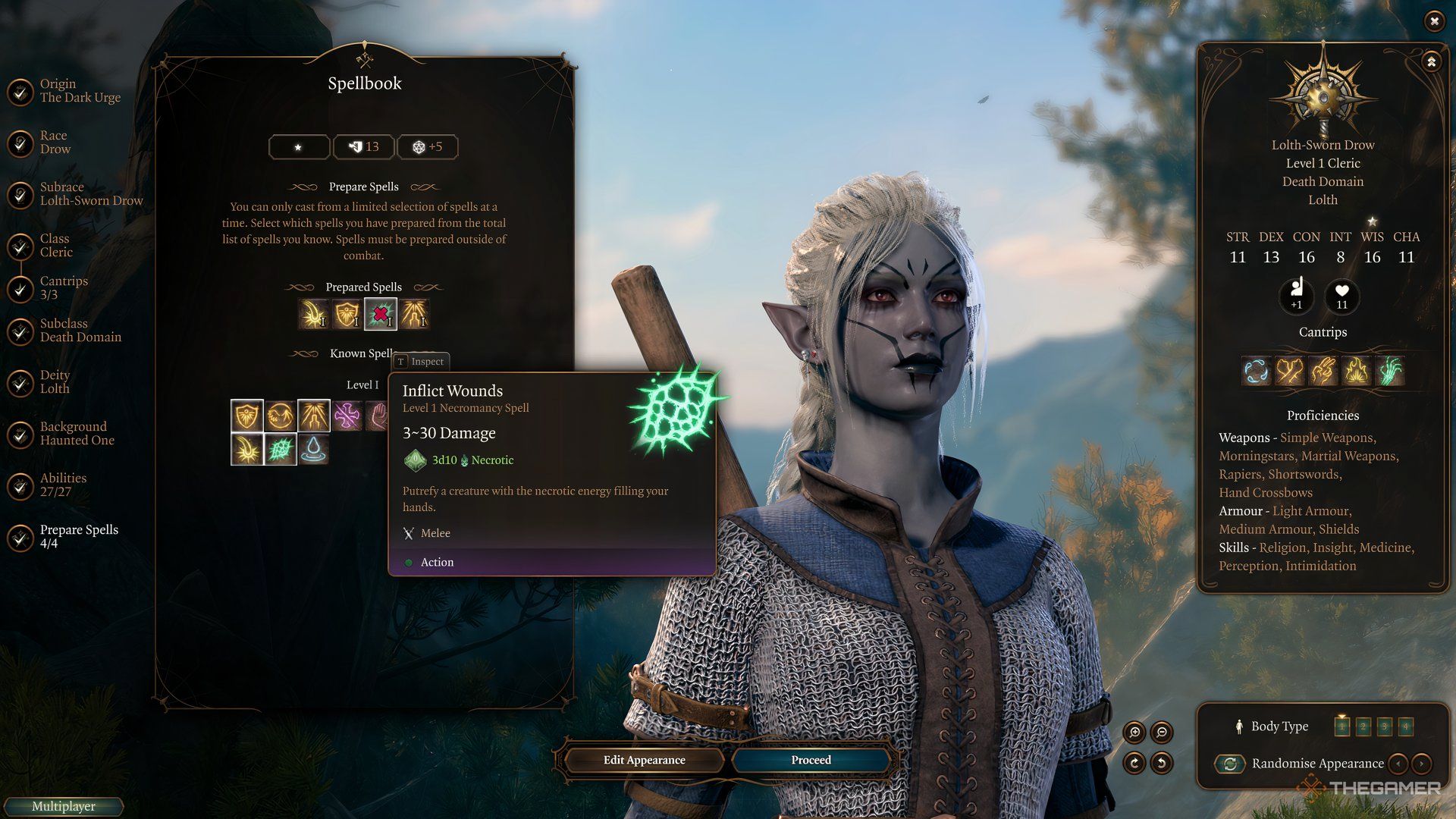 Death Domain Cleric Chooses Inflict Wounds Spell
