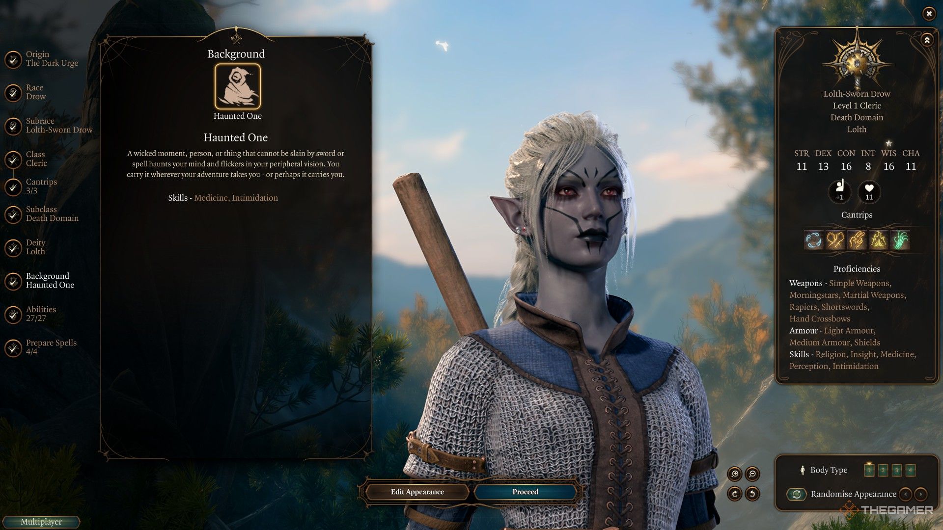 Death Cleric chooses the Haunted One Background in Baldur's Gate 3.