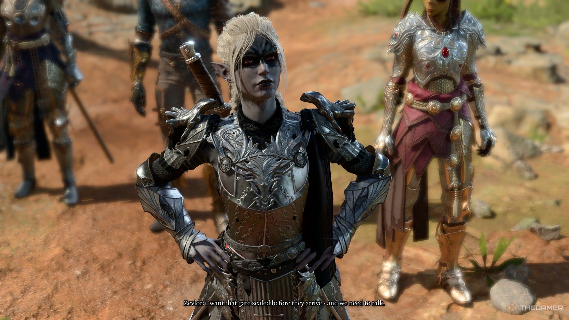 Death Domain cleric talks with Zevlor from below in Baldur's Gate 3.