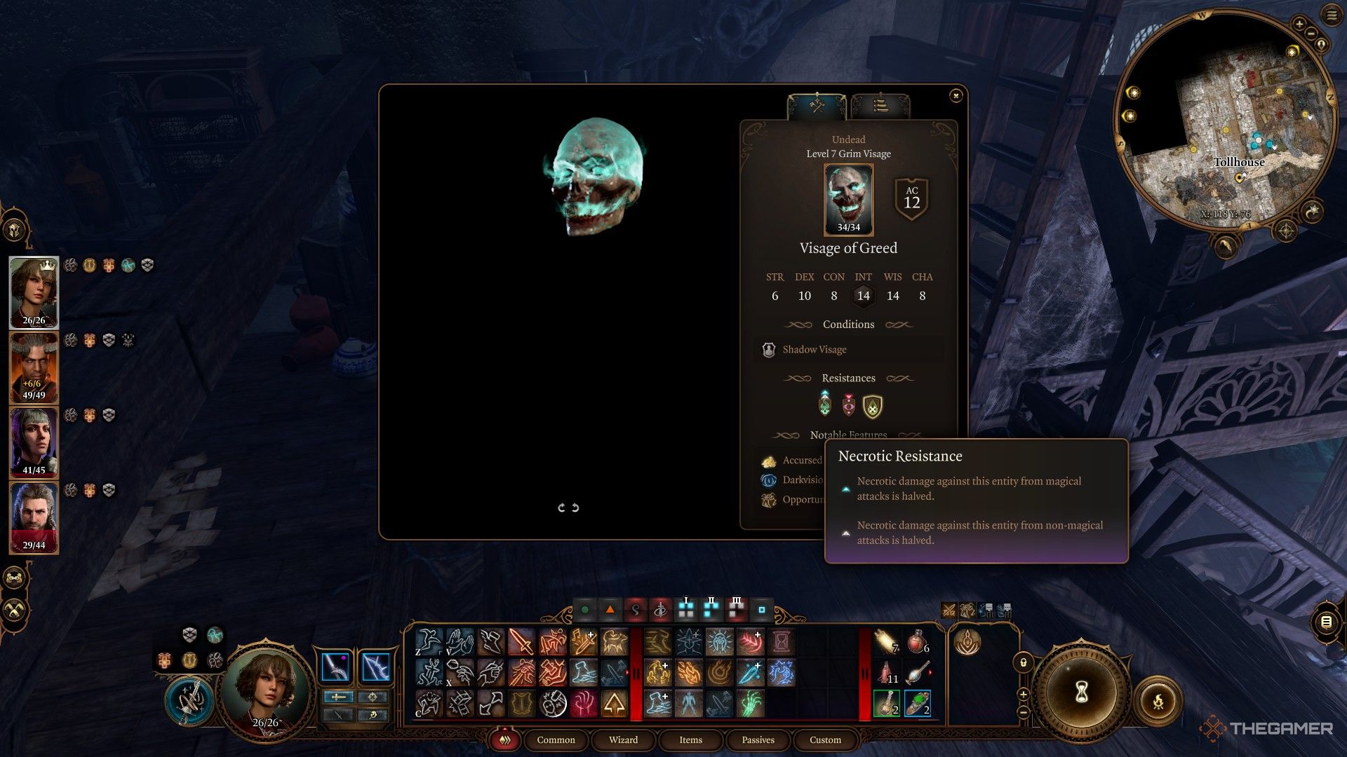Bladesinger Wizard looks at the Necrotic Resistance of a Visage of Greed in the Tollhouse in Baldur's Gate 3.