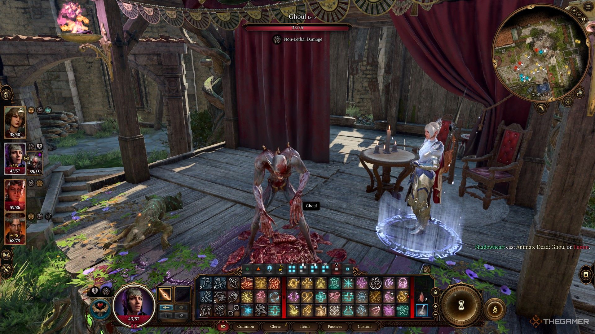 Shadowheart Reanimates a corpse as a ghoul on stage of the Circus of Last Days in Baldur's Gate 3.