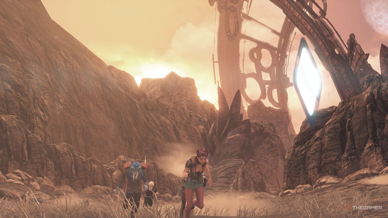 party members running from the giant ring in oblivia in xenoblade chronicles x definitive edition.