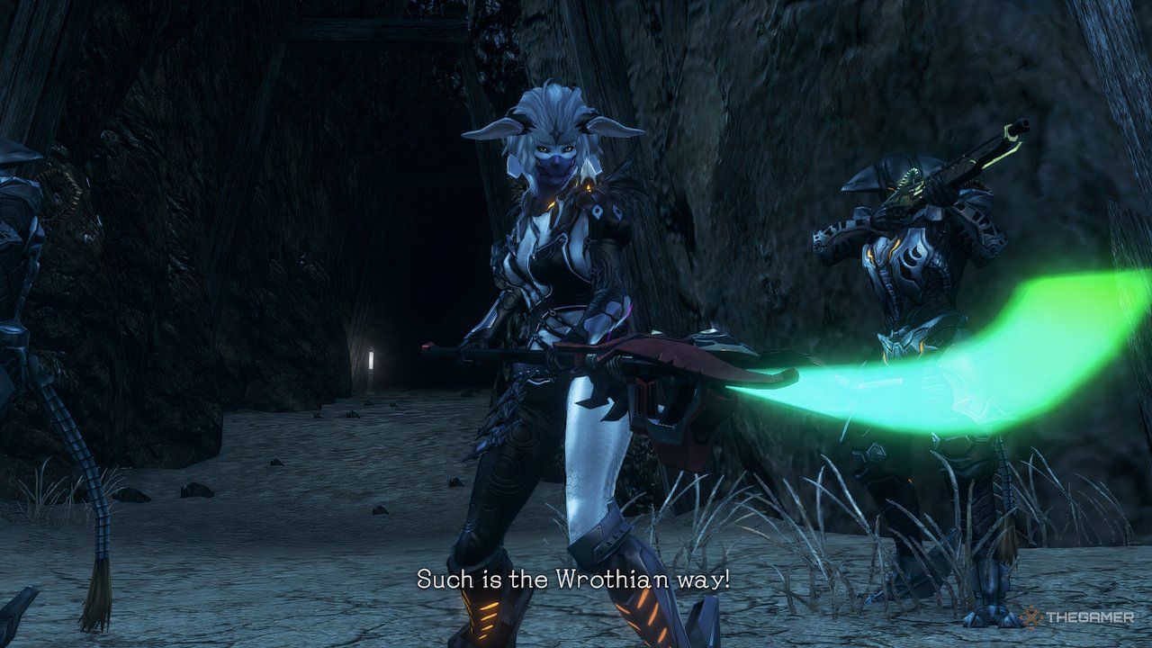 Ga Buidhe challenges the party to a duel in Xenoblade Chronicles X: Definitive Edition.