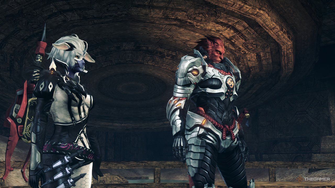 Ga Jiarg and Ga Buidhe negotiating an alliance treaty with the party in Xenoblade Chronicles X: Definitive Edition.