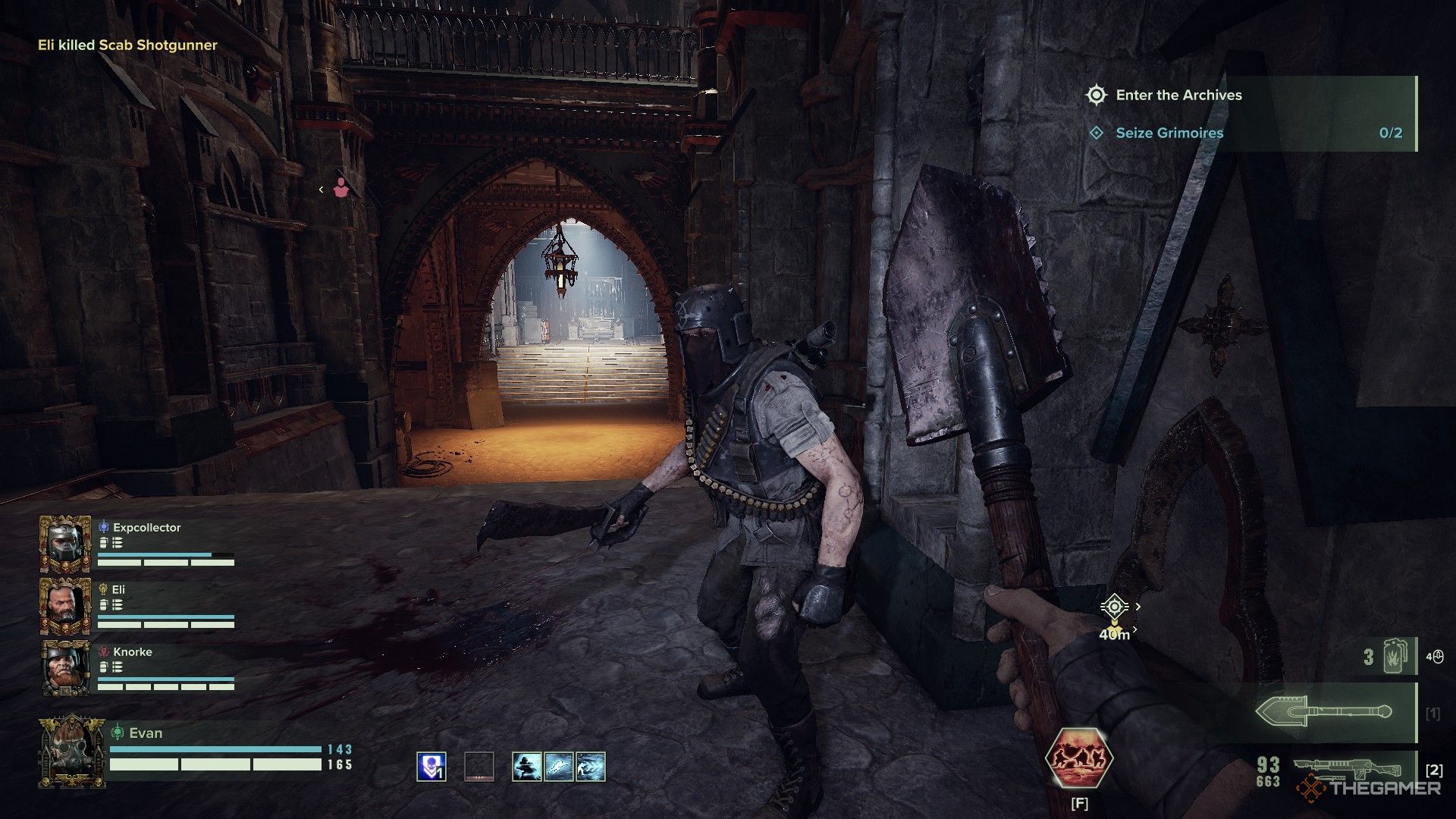 Warhammer 40,000: Darktide - A dredge soldier about to be hacked apart by a veteran with a spade.