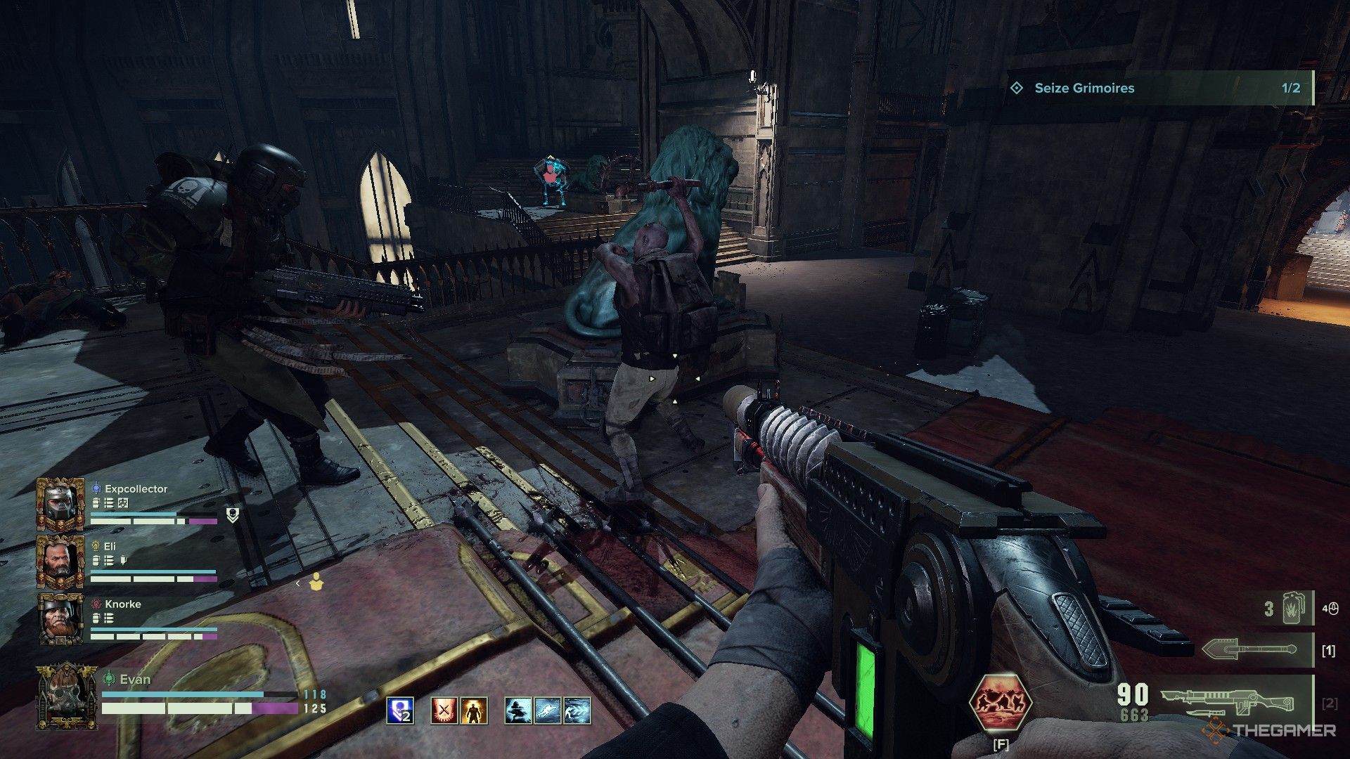 Warhammer 40,000: Darktide - A chaos cultist about to be shot by two veterans.