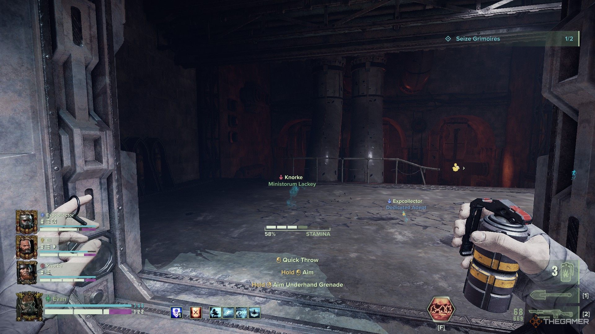 Warhammer 40,000: Darktide - A stony hallway walked through by a grenade carrying veteran.