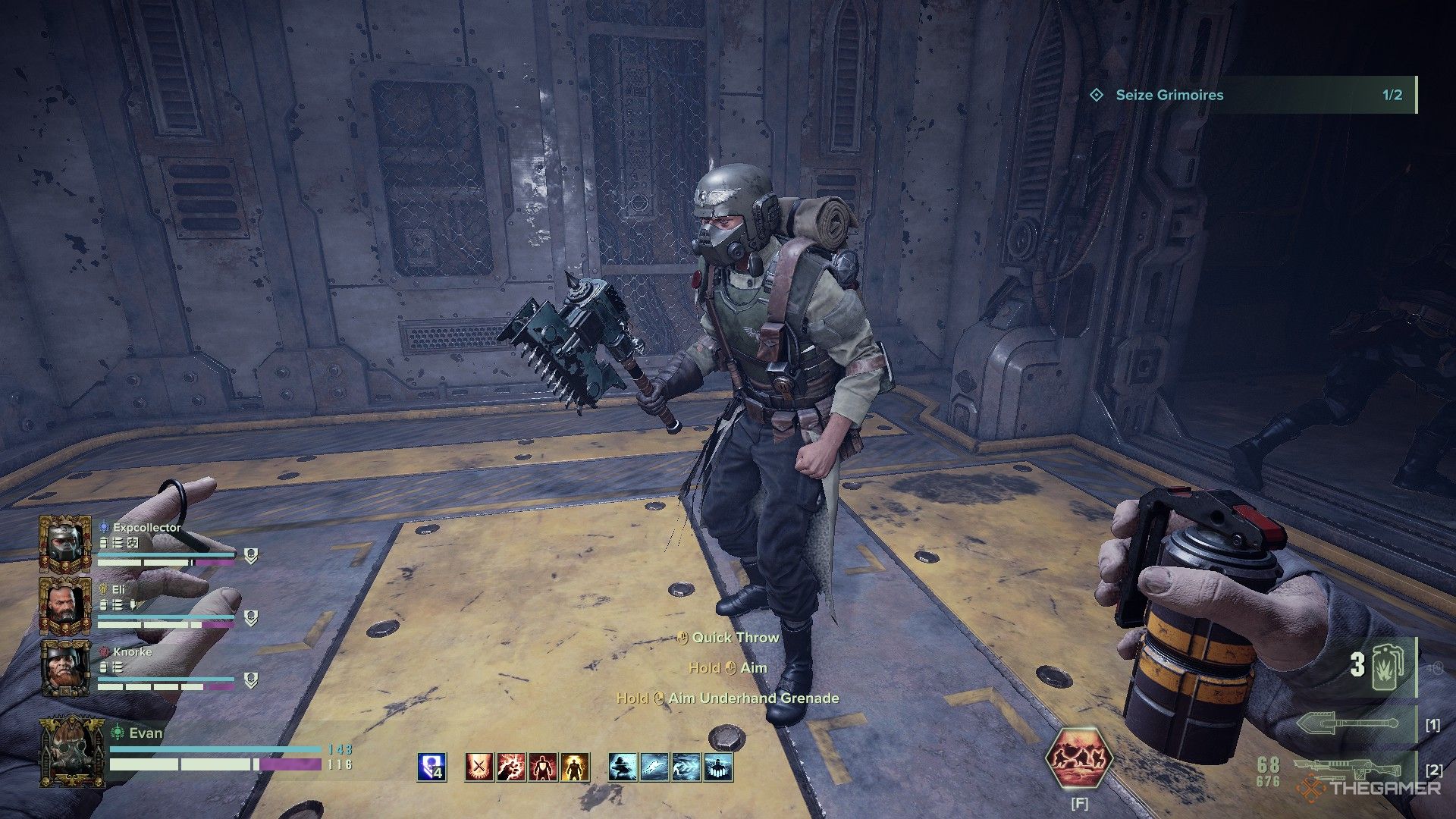 Warhammer 40,000: Darktide - A guardsman with a chainaxe in an elevator.