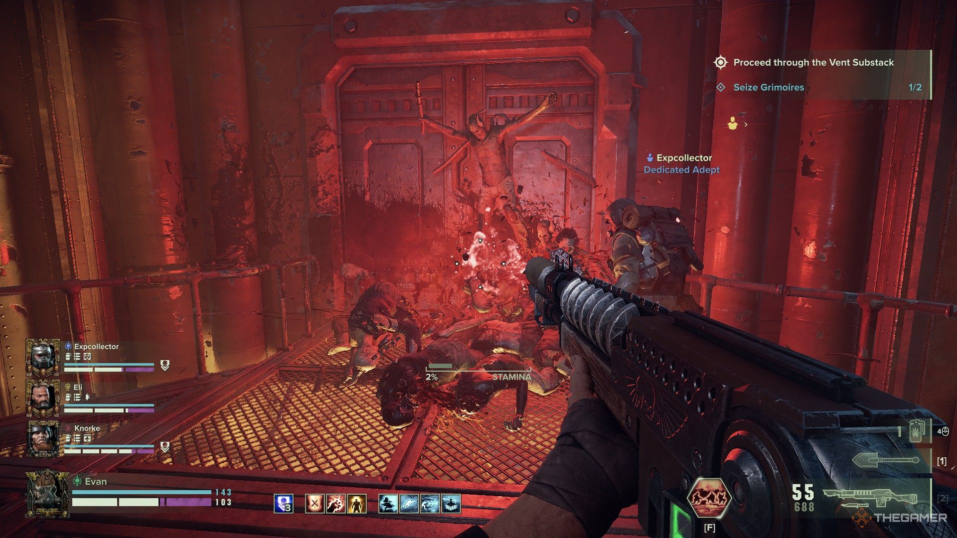 Warhammer 40,000: Darktide - A pile of bodies outside of a door in front of two veterans.