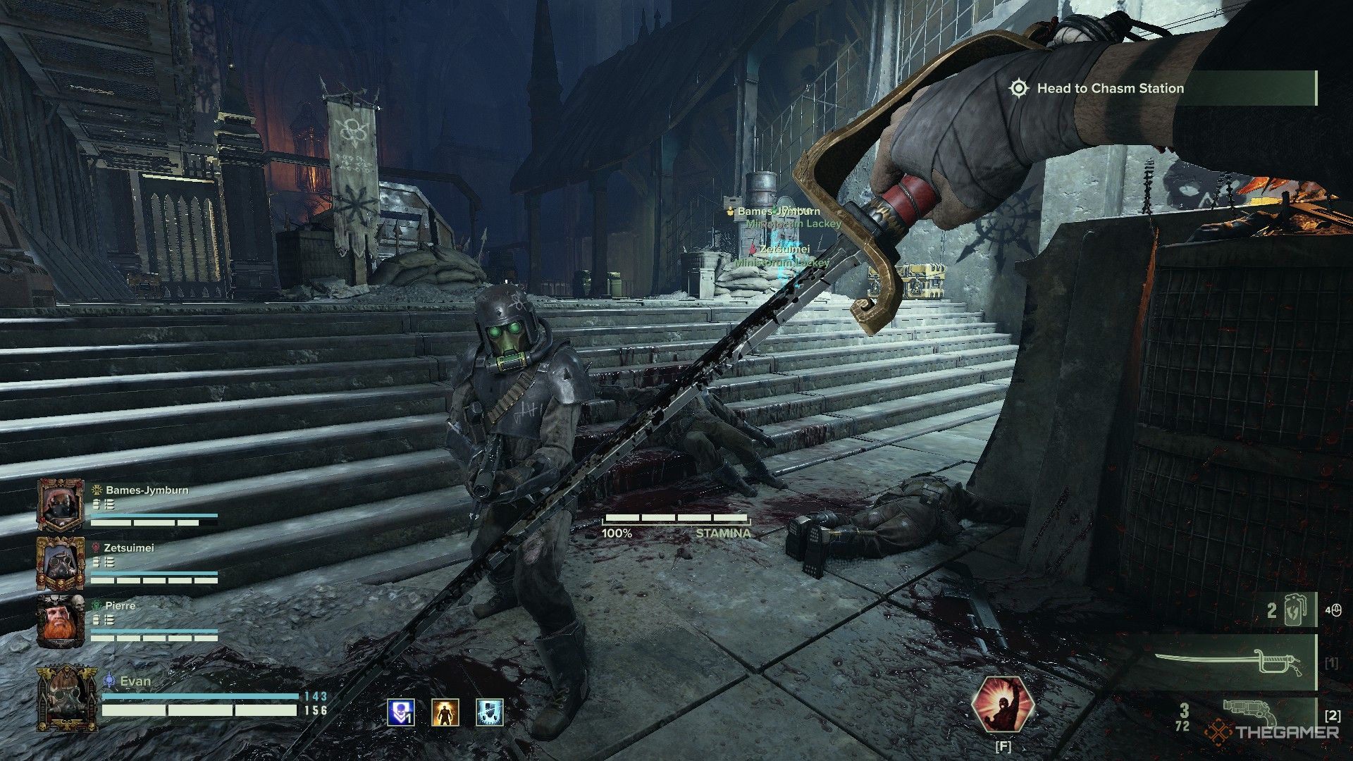 Warhammer 40,000: Darktide - A dredge soldier surrounded by his dead comrades.