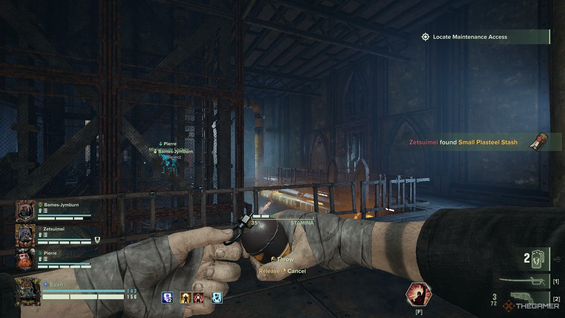 Warhammer 40,000: Darktide - The veteran about to pull the pin out of their grenade.