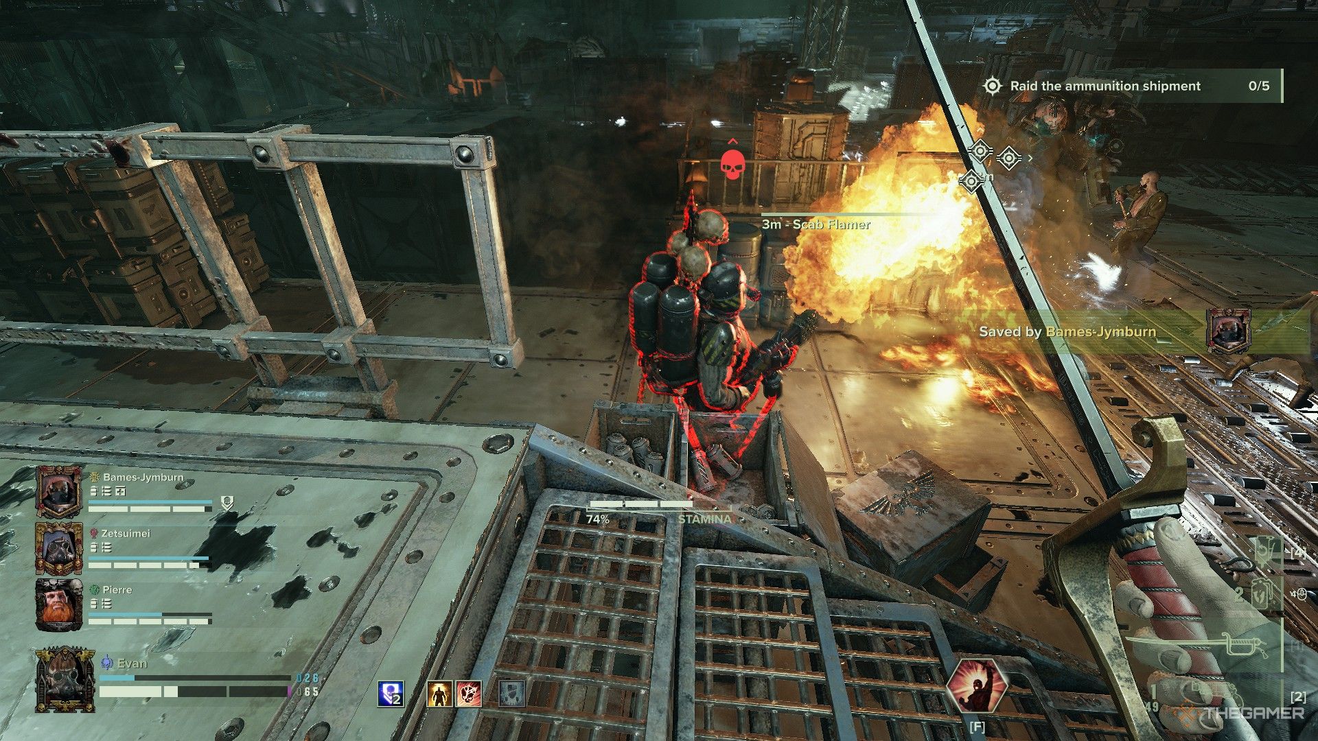 Warhammer 40,000: Darktide - A tagged flamer within stabbing range of the veteran.