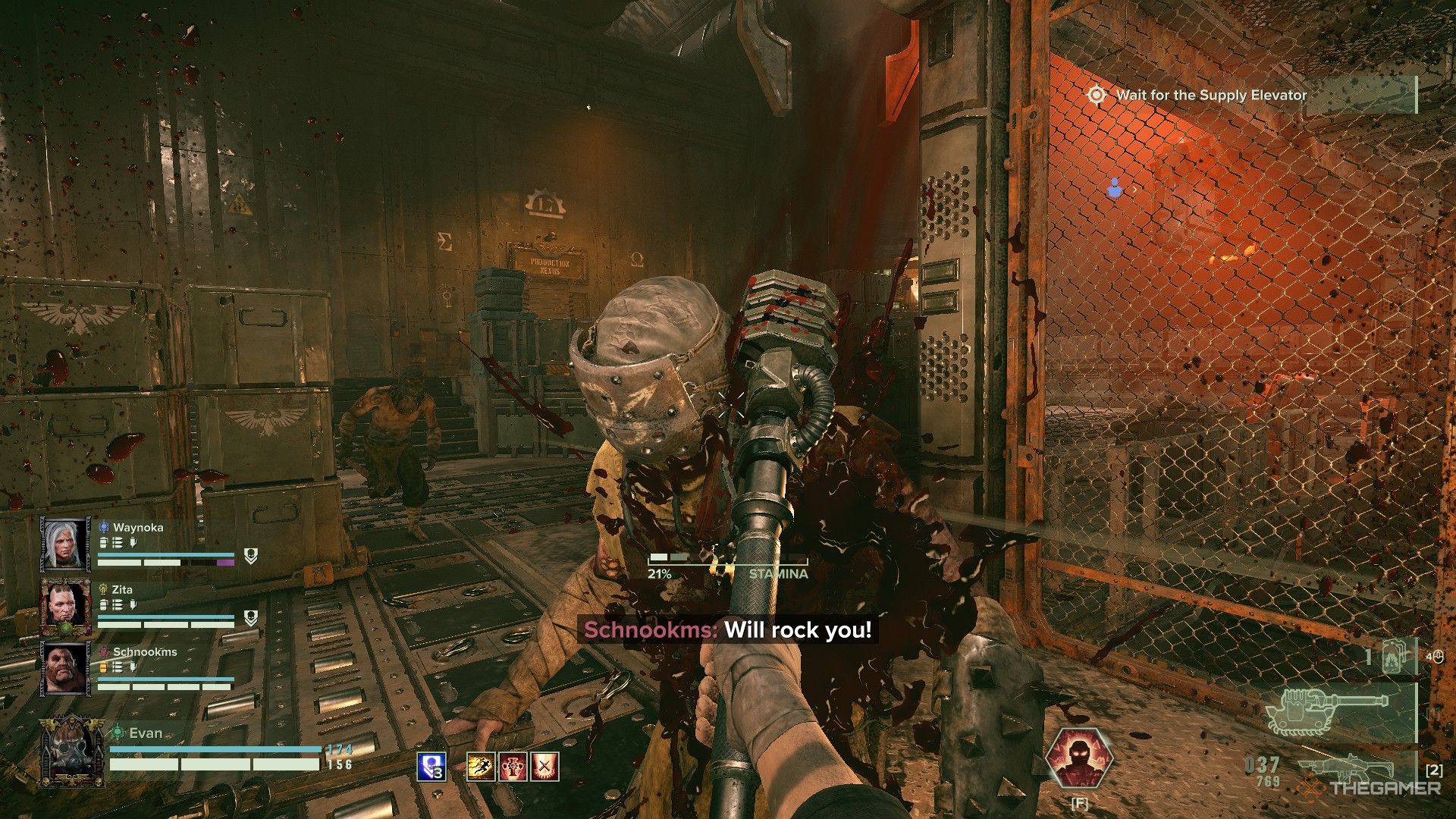 Warhammer 40,000: Darktide - A veteran using a chainaxe to slice up a cultist.