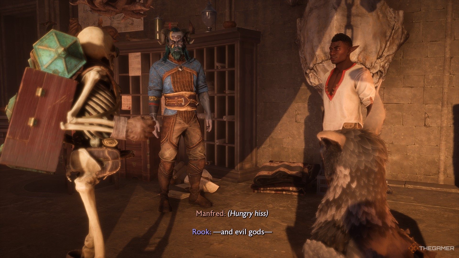 Rook and Davrin is looking at Manfred in Dragon Age: Veilguard.