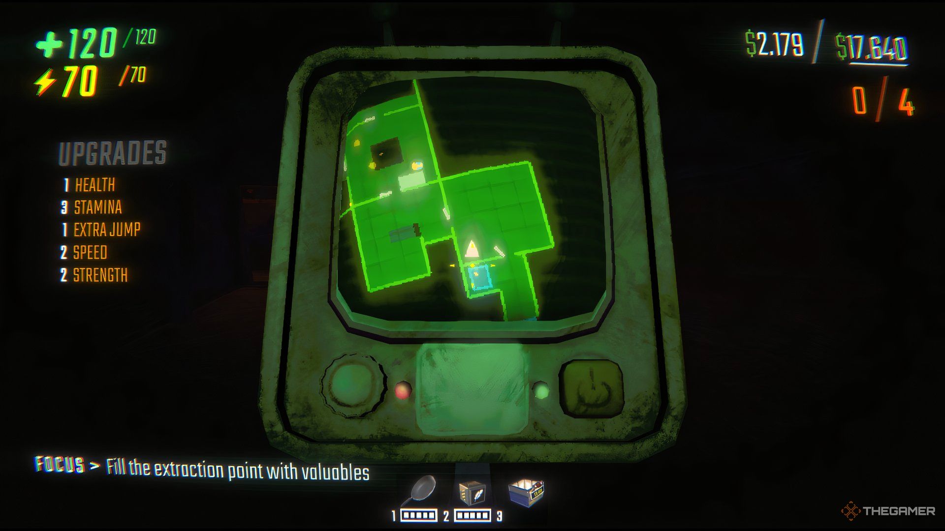 Repo Map With Some Valuables Highlighted And Upgrades Listed On The Left Side.