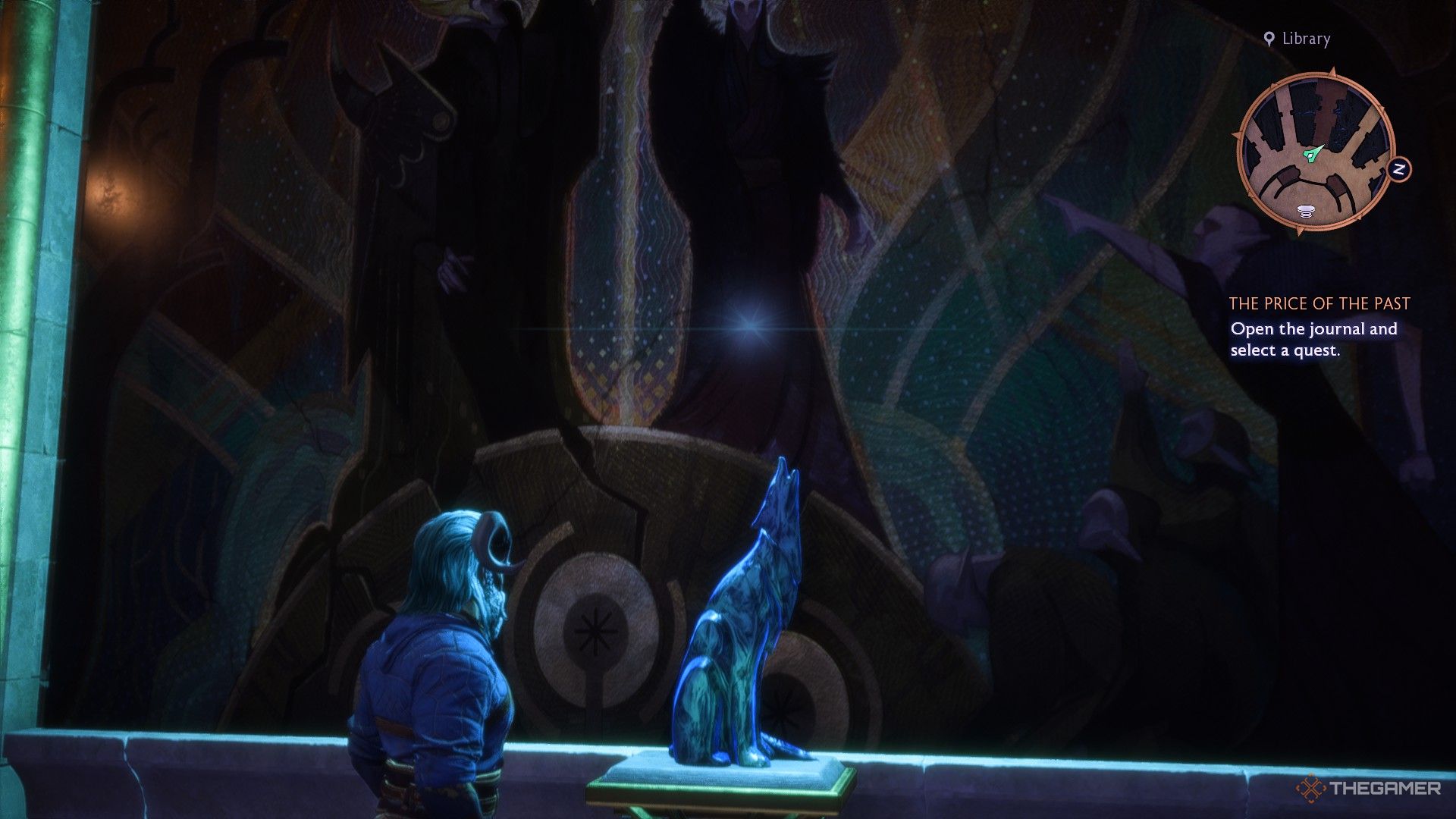 Rook places a wolf statue in front of a mural of Solas in Dragon Age: Veilguard.