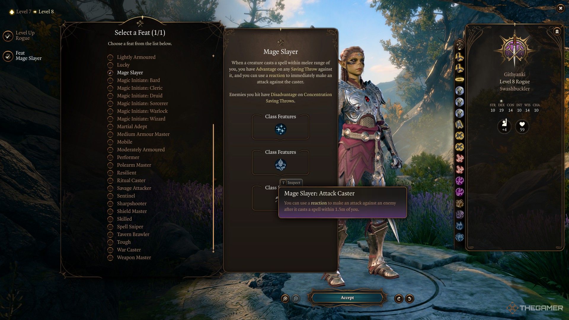 Лаэзель выбирает черту Убийца магов во время повышения уровня в Baldur's Gate 3.