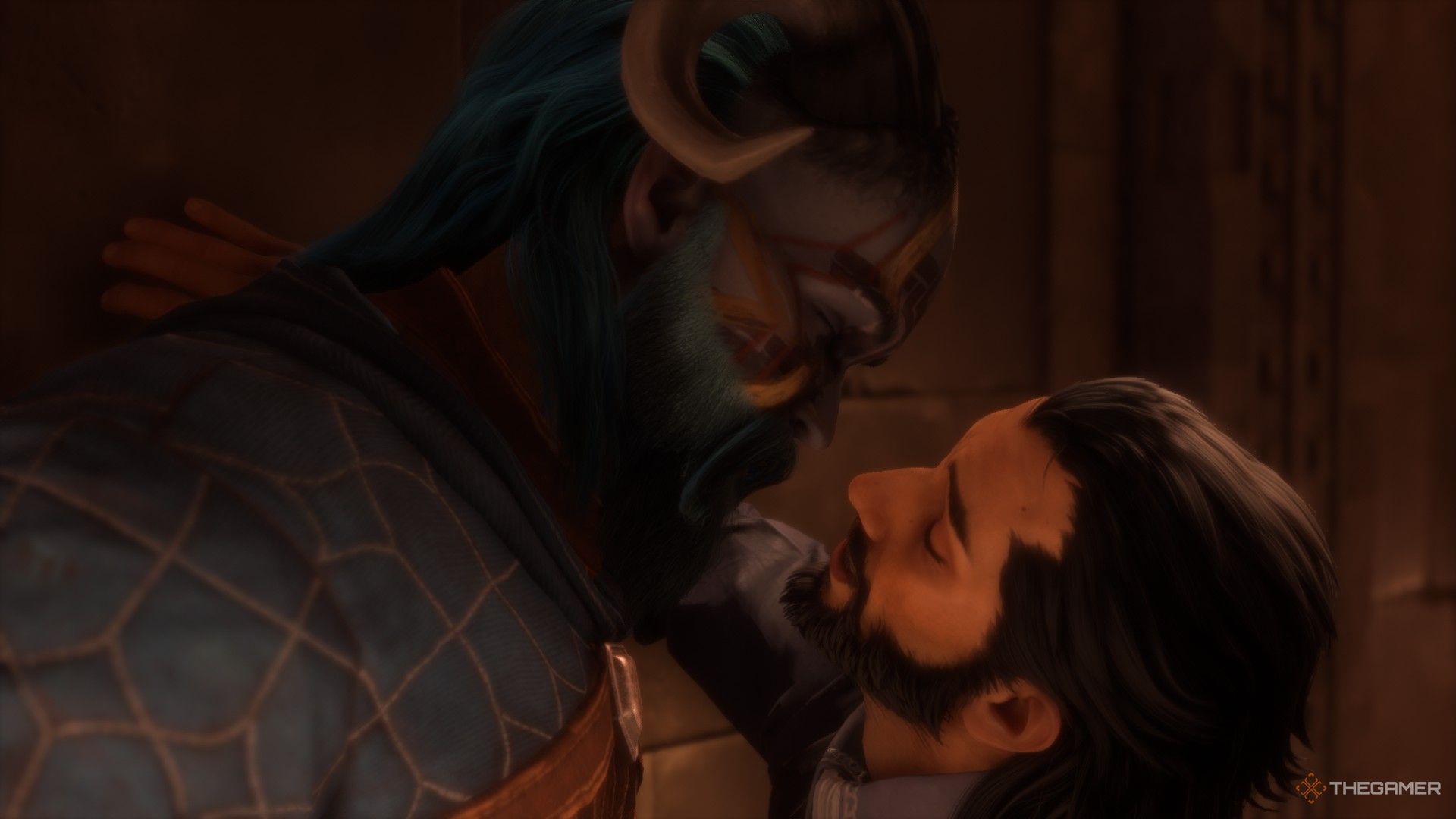 Rook and Lucanis are about to kiss in Dragon Age: Veilguard.