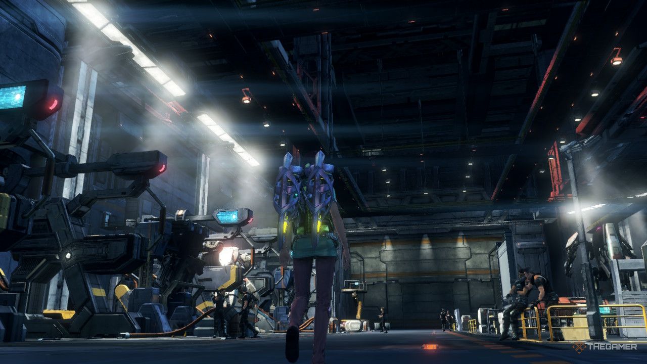 The player walking through the hangar in xenoblade chronicles x definitive edition.