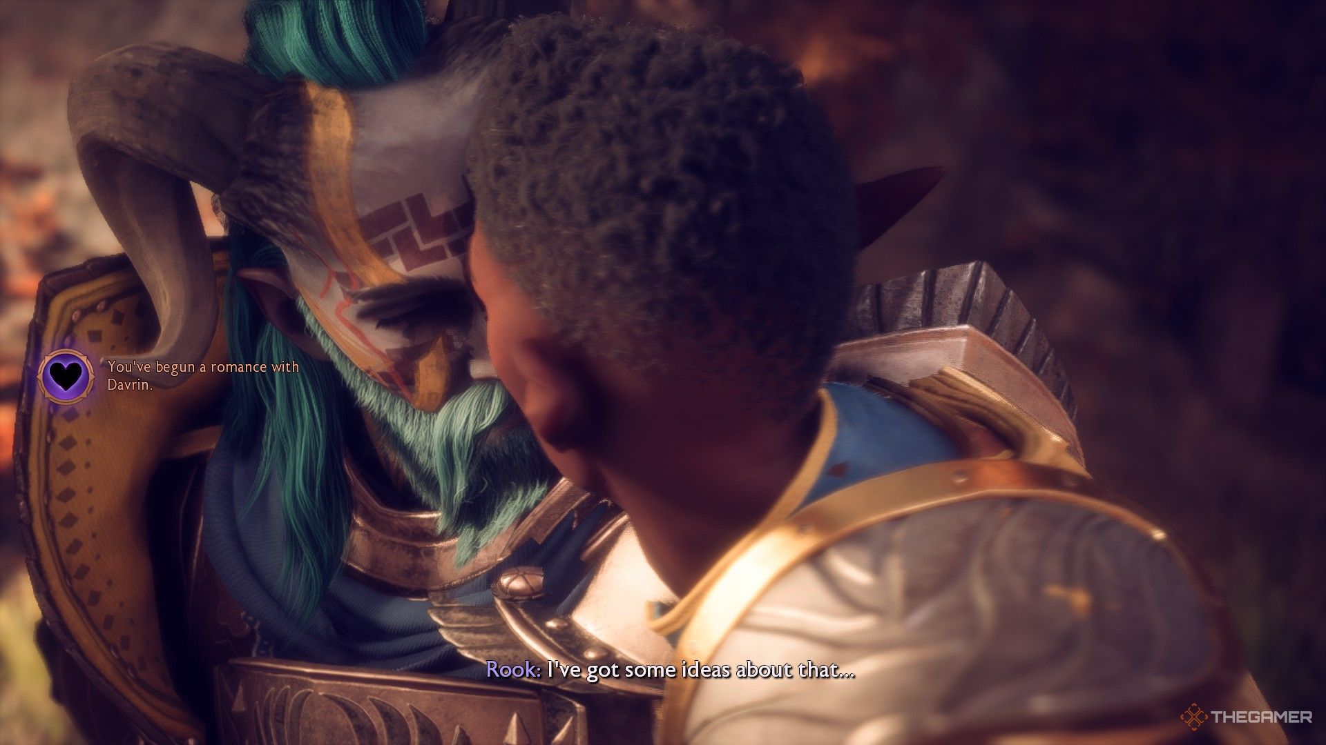 Rook is kissing Davrin in Dragon Age: Veilguard.