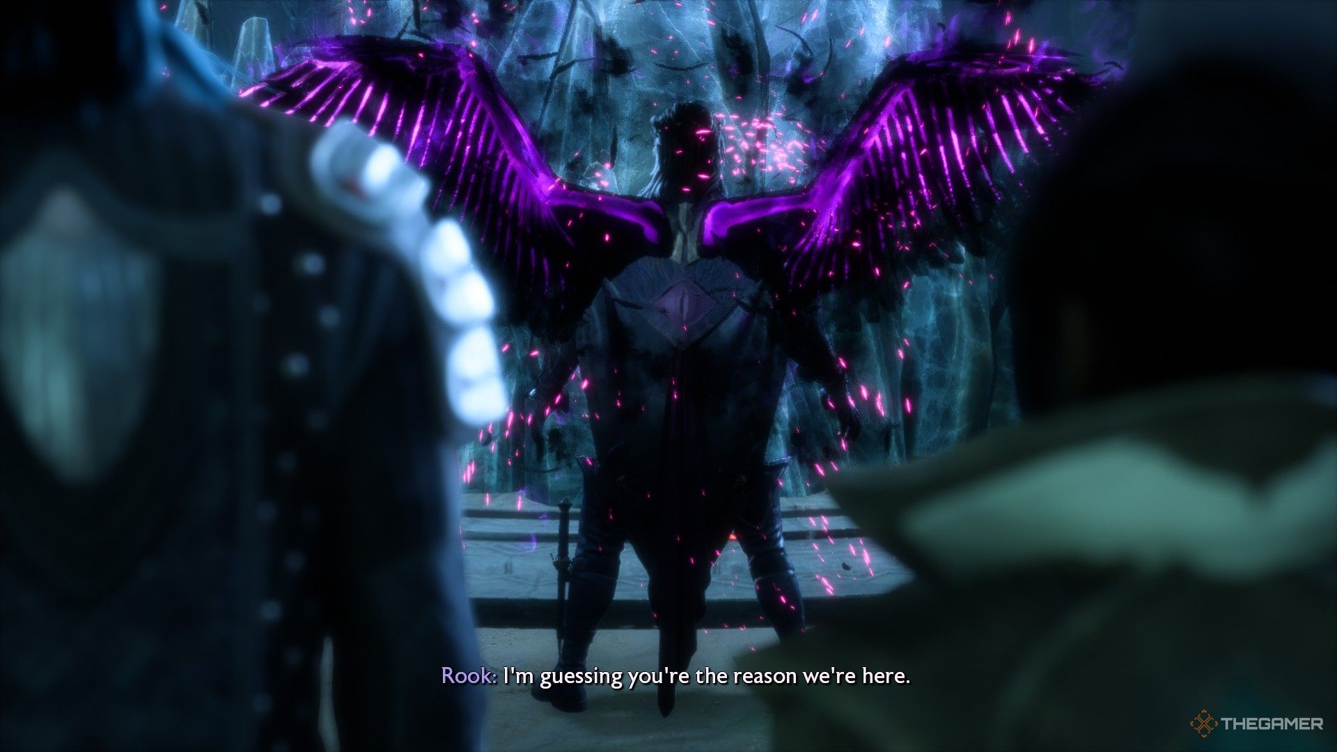 Lucanis escapes from his prison and his demonic wings are glowing purple in Dragon Age: Veilguard.