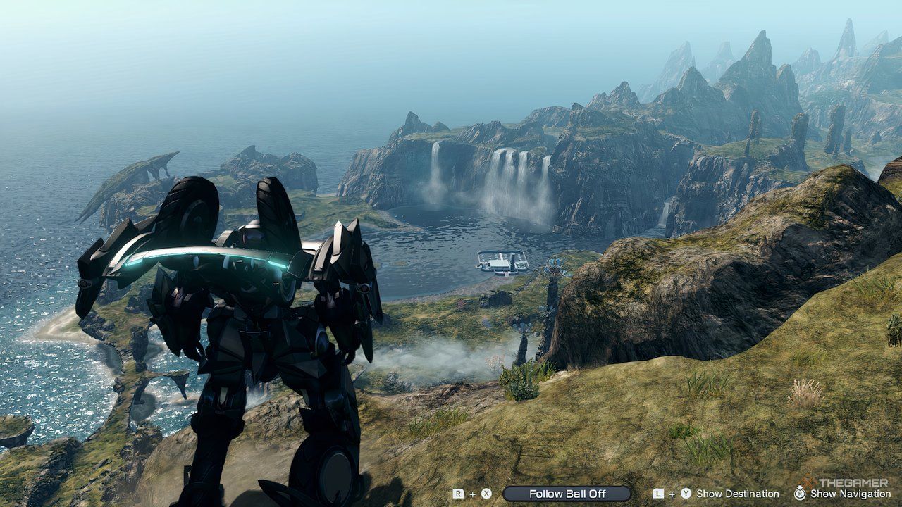 A screenshot of a Skell standing on top of Talon Rock Summit in Xenoblade Chronicles X: Definitive Edition.