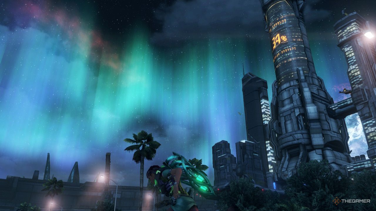 An aurora in the sky above NLA in xenoblade chronicles x definitive edition.