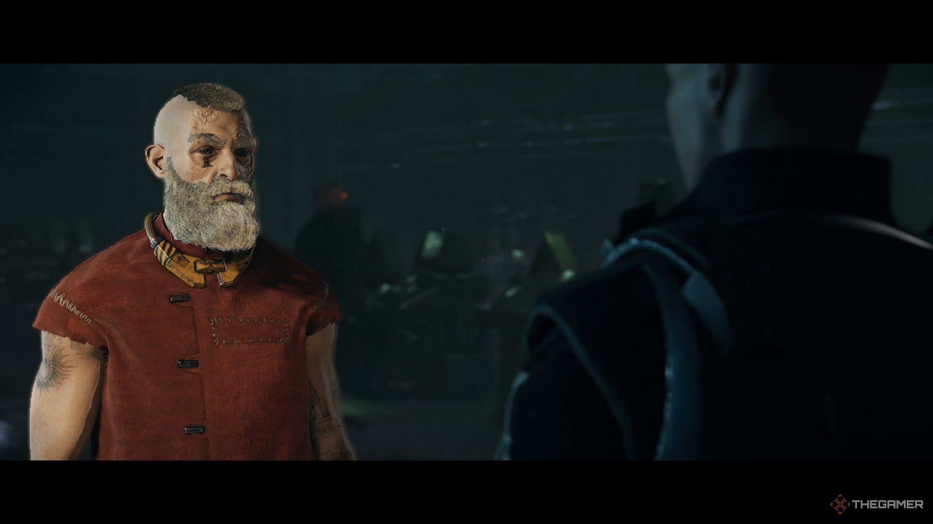 Warhammer 40,000: Darktide - The zealot in a cutscene with an NPC.