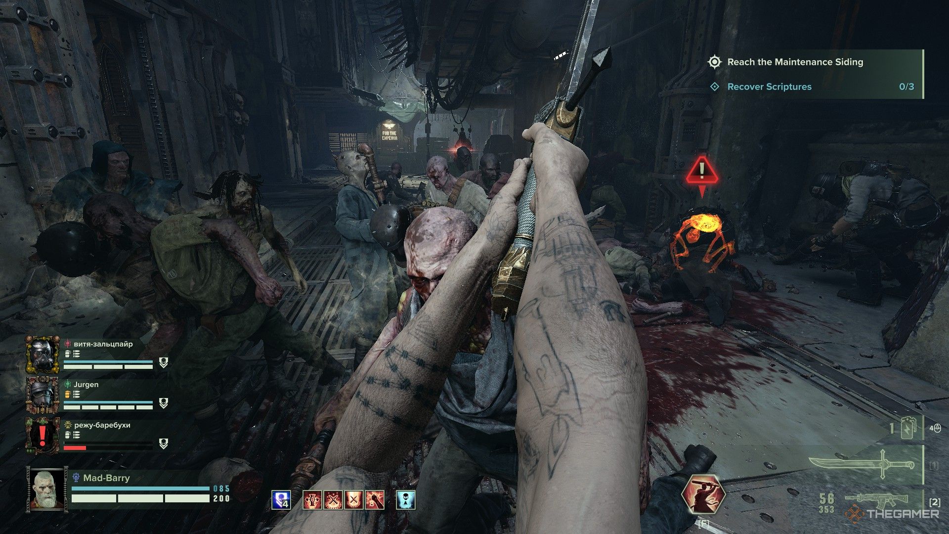 Warhammer 40,000: Darktide - A horde of cultists running into a Zealots blade.