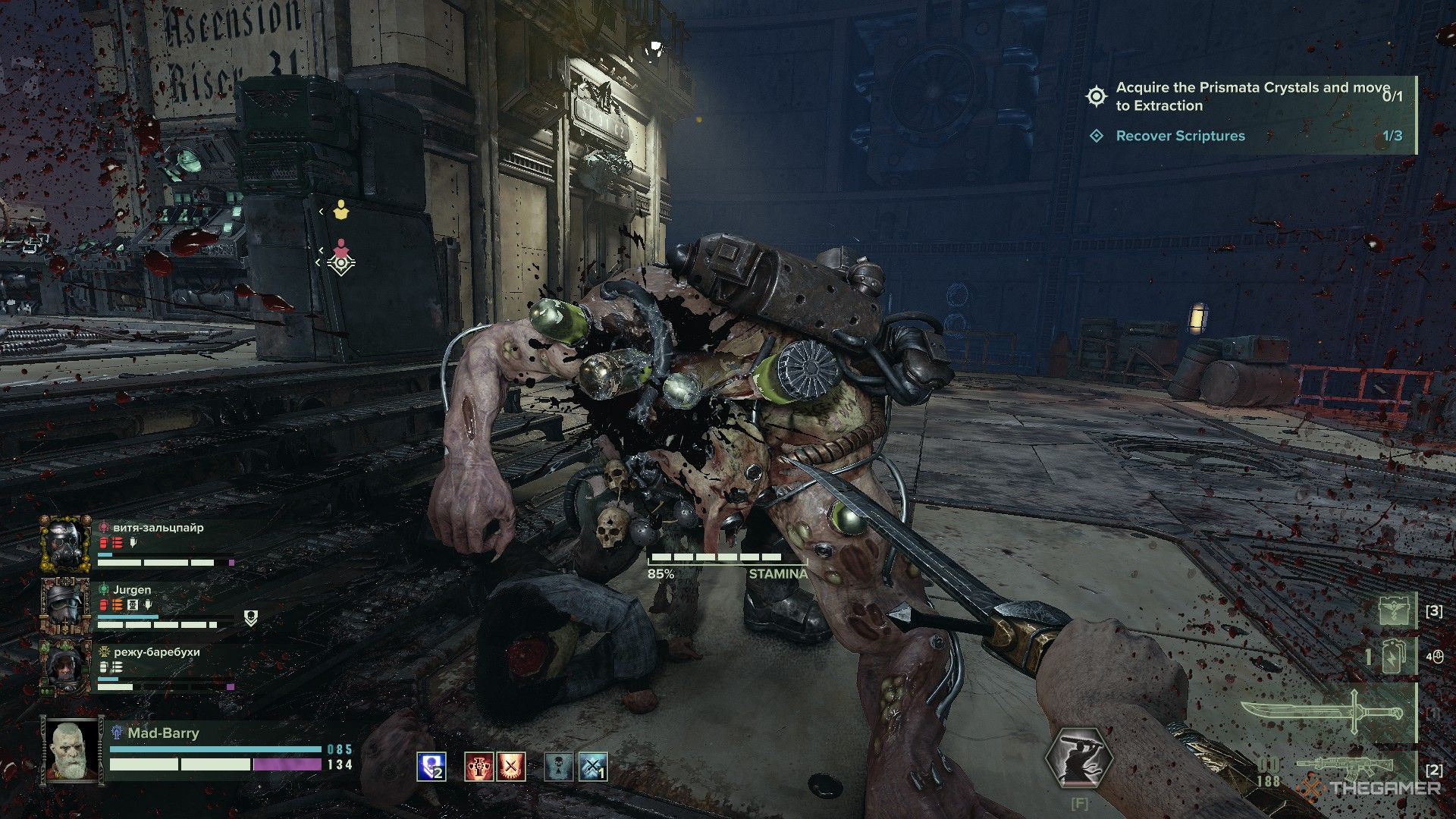 Warhammer 40,000: Darktide - A mutant on its knees from a Zealots onslaught.
