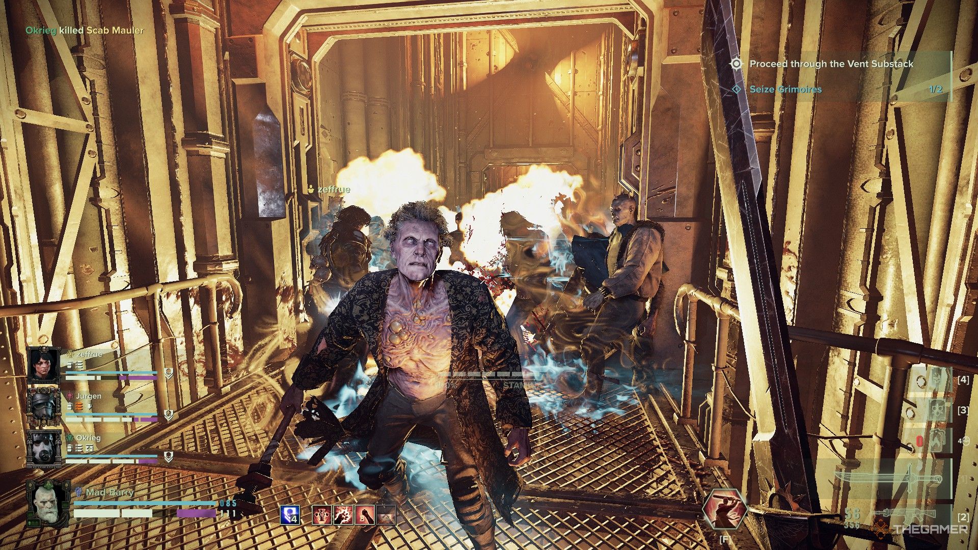 Warhammer 40,000: Darktide - Nurgle cultists burning inside a small tunnel.