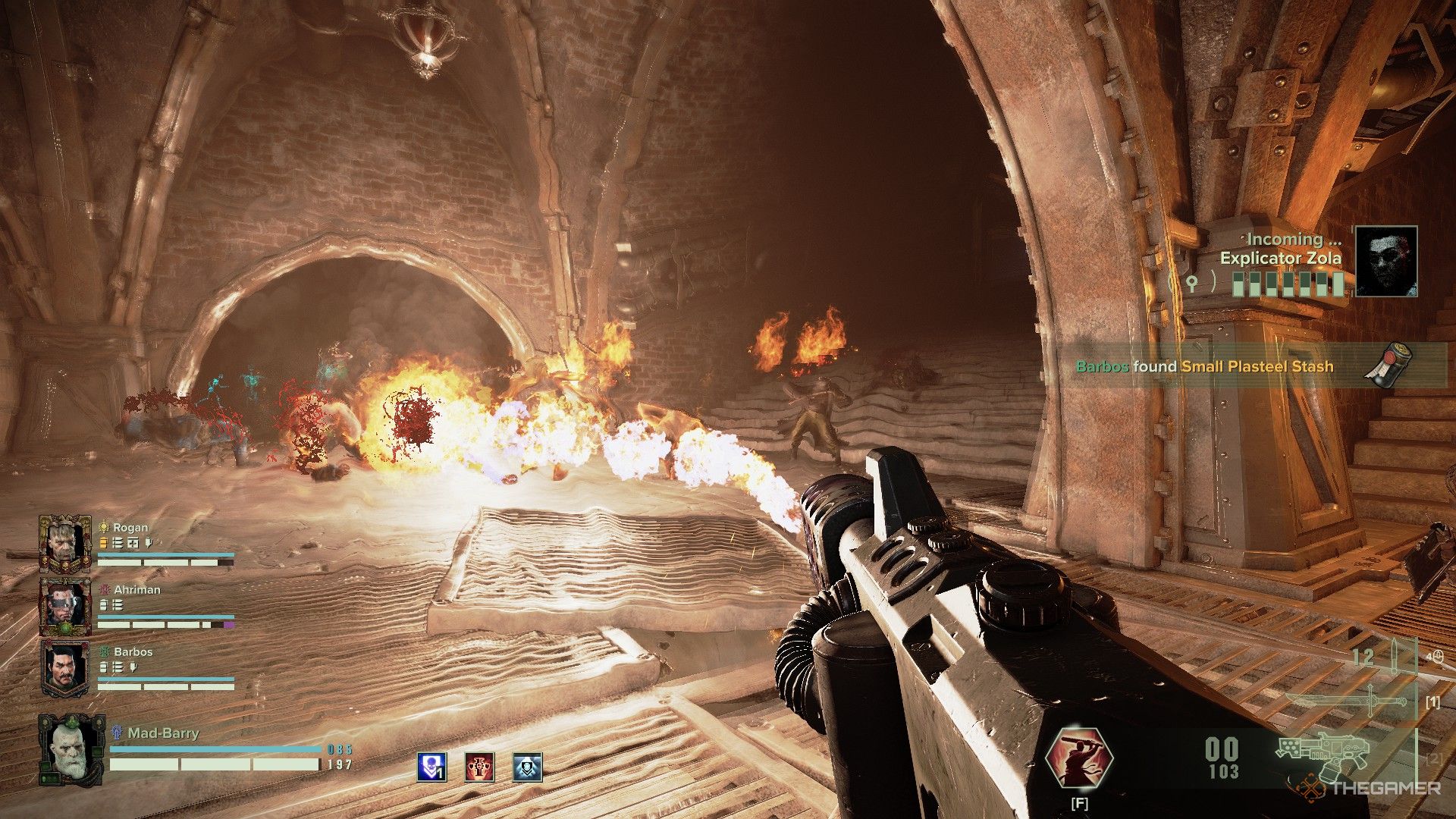 Warhammer 40,000: Darktide - A flamer in the hands of a zealot lighting up a dark tunnel.