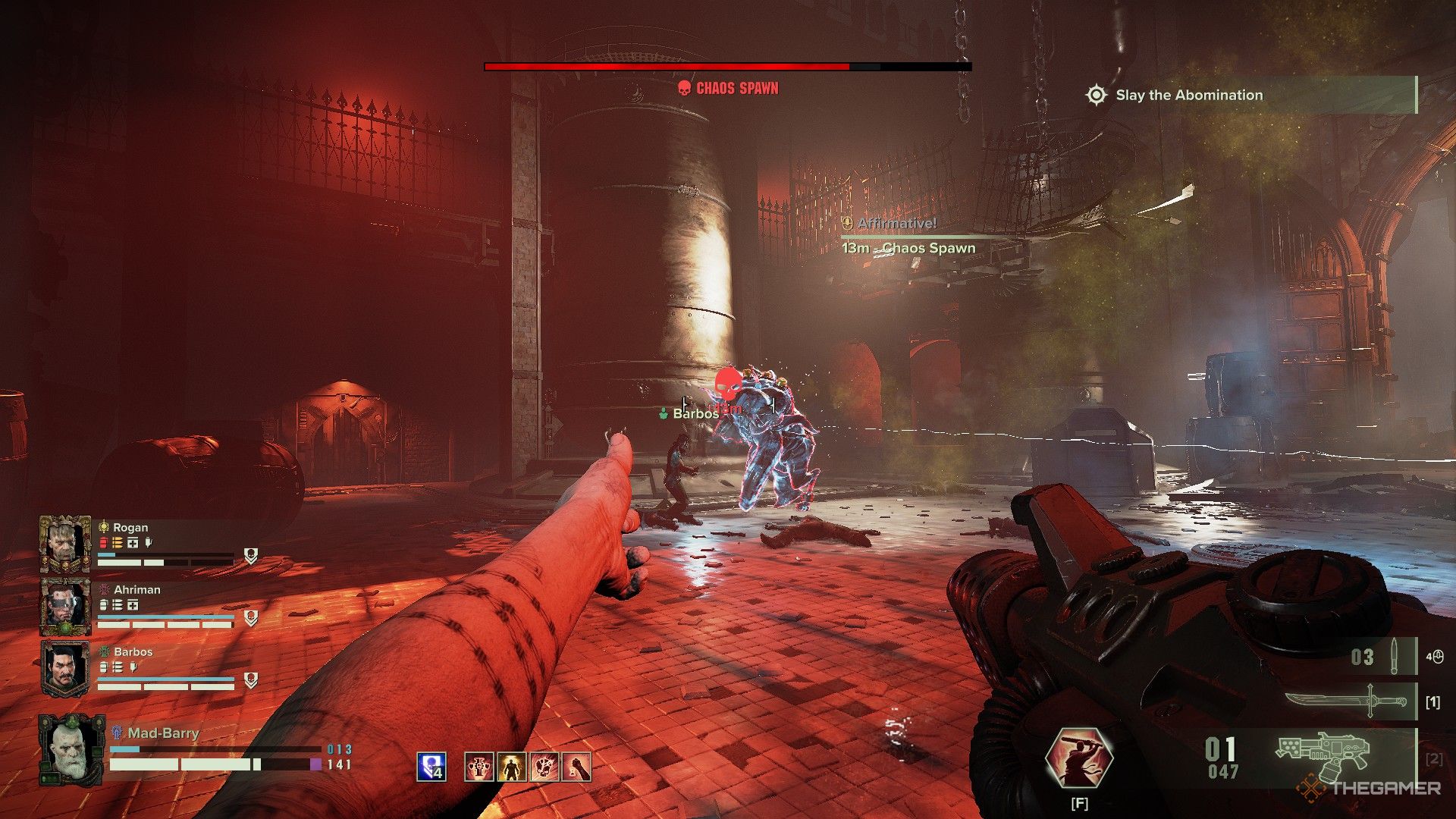 Warhammer 40,000: Darktide - A chaos spawn hit from afar by a zealots throwing knife.